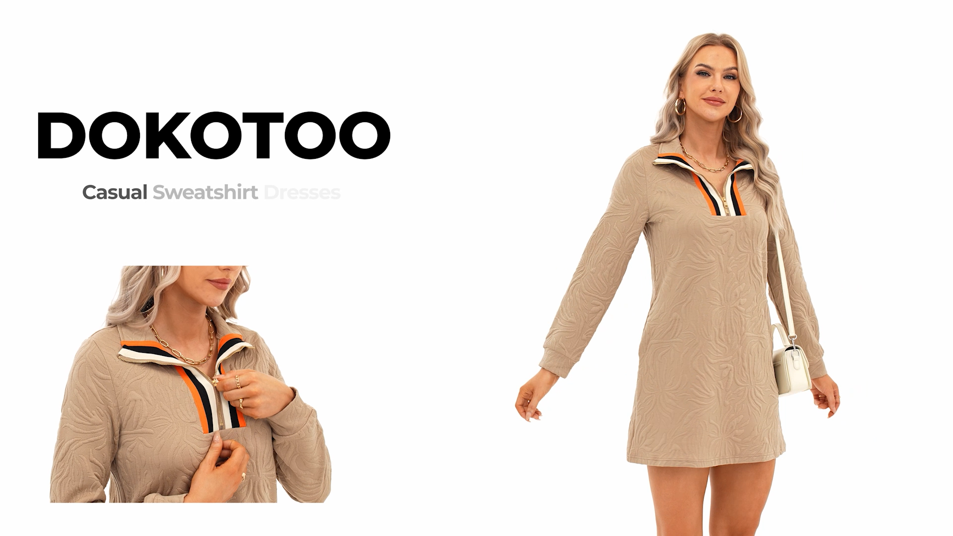 thumbnail video image 2 of DOKOTOO Women's Mini Dress Half Zip Striped Collar Embossed Floral Long Sleeve Dresses, 2 of 7
