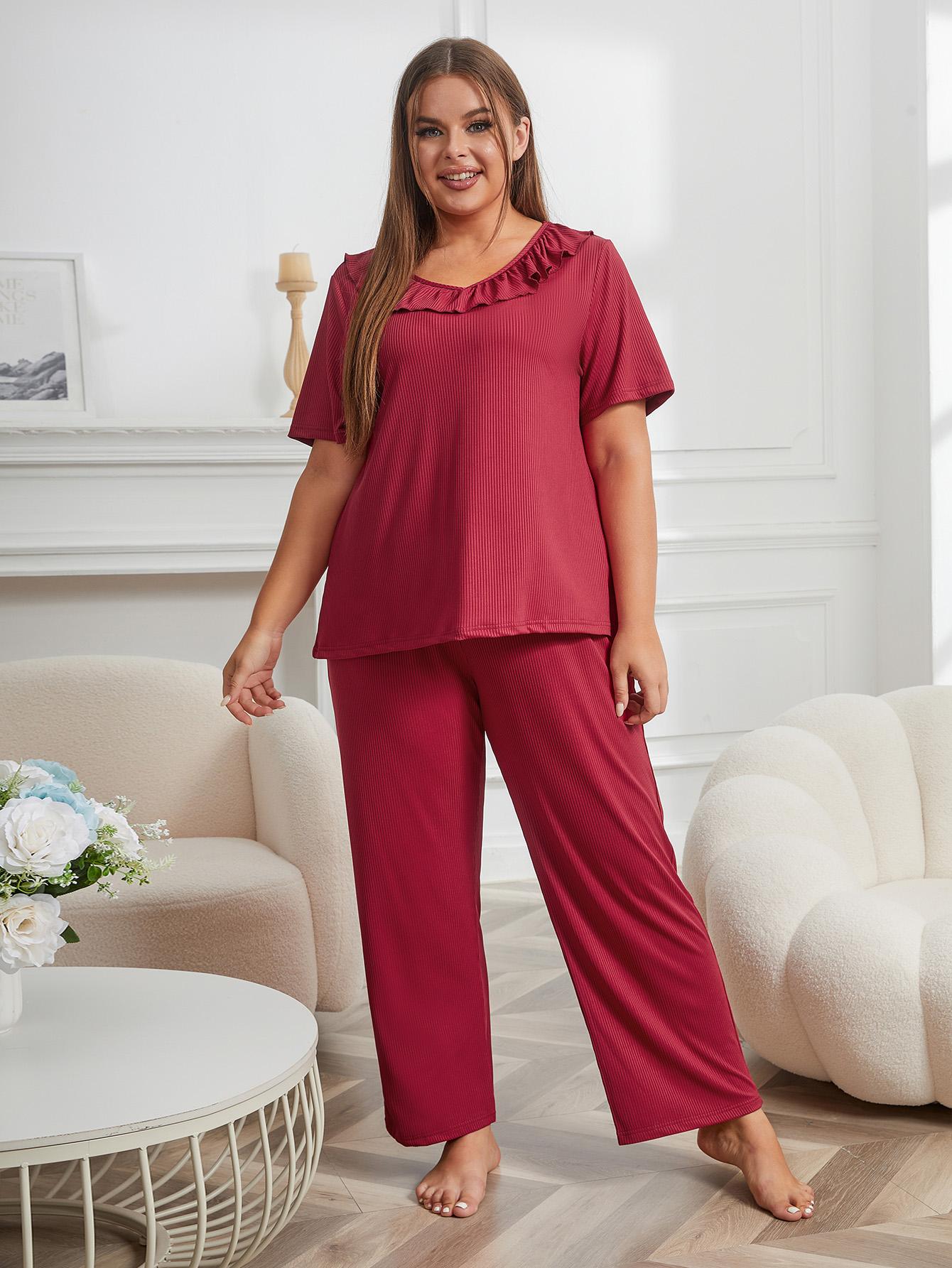 thumbnail video image 2 of ebukurty Plus Size Pajama Sets for Women 2 Piece Short Sleeves Ruffled Red Lounge Sets, Sizes 1XL-4XL, 2 of 8