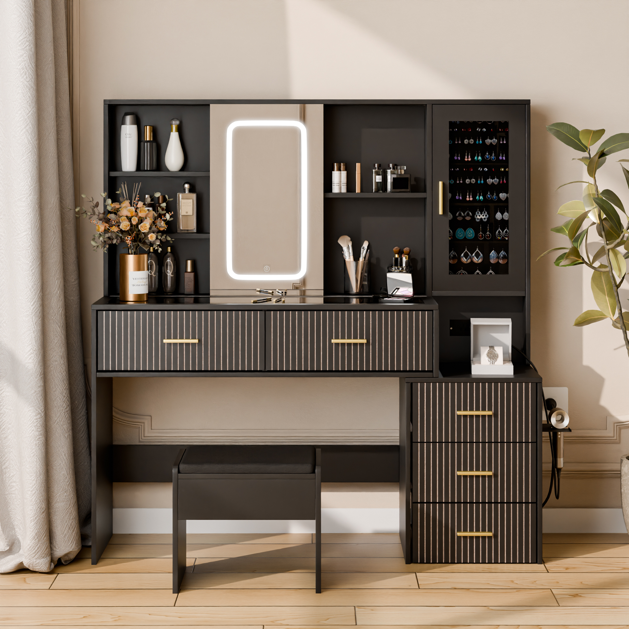 thumbnail video image 2 of Furtivusia Vanity Desk with LED Lighted Mirror & Power Outlet, Makeup Vanity Table with 5 Drawers, Makeup Dressing Table with Stool for Bedroom Black, 2 of 8