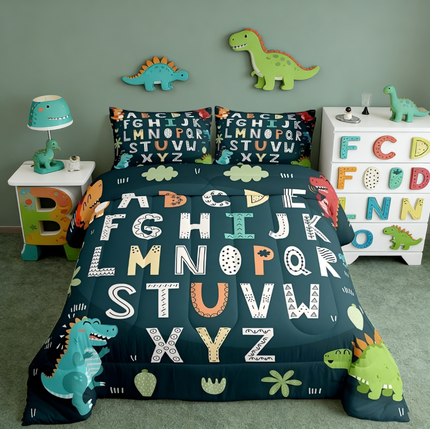 thumbnail video image 2 of Manfei Alphabet Kids ABC Learning Twin Comforter Sets, Cartoon Dinosaur Bedding Set For Boys Girls,Jungle Dino Duvet 2 Pieces, 2 of 8