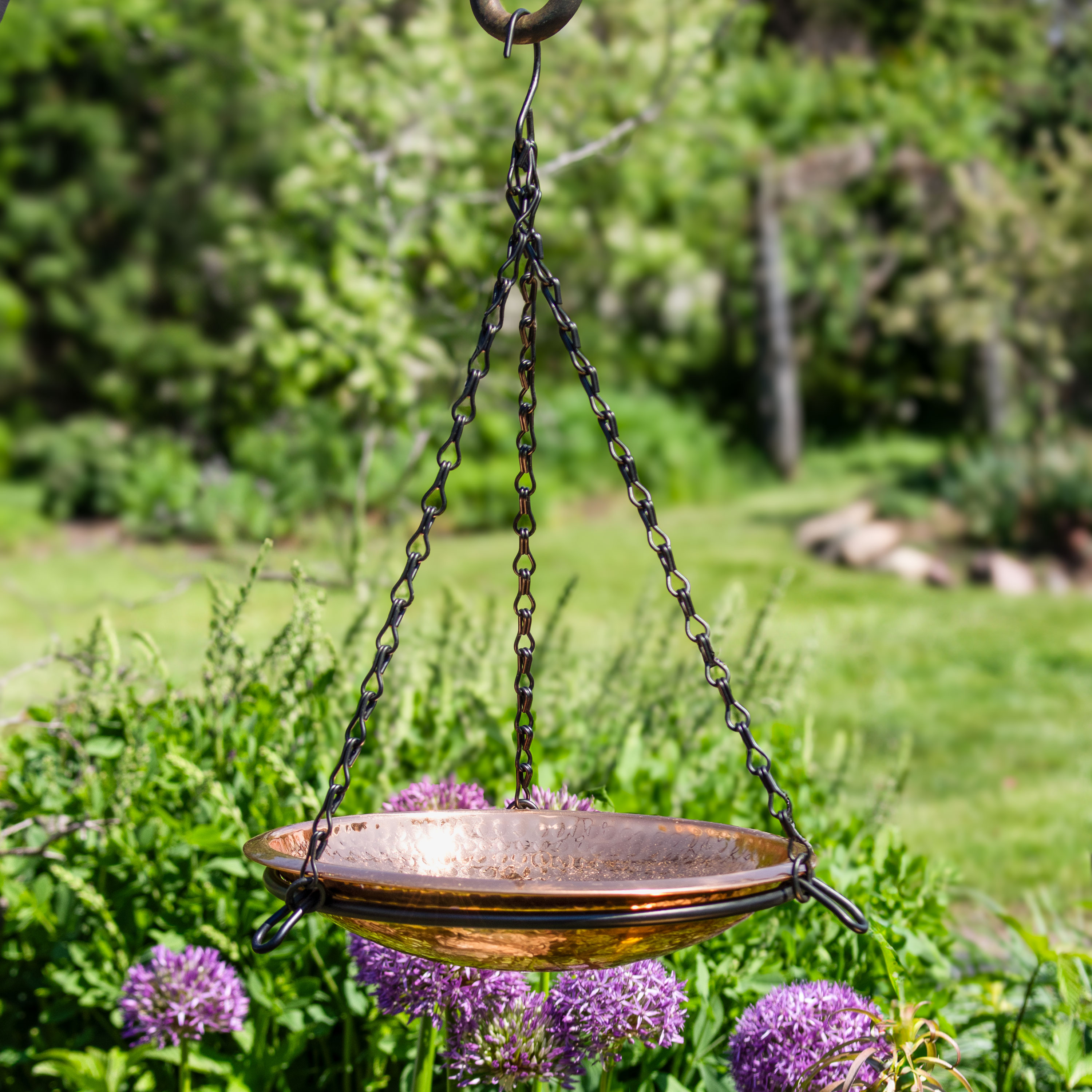 thumbnail video image 2 of Sunnydaze Hanging Metal Outdoor Bird Bath Feeder with Hanging Chain, Hand-Hammered Copper, 2 of 8