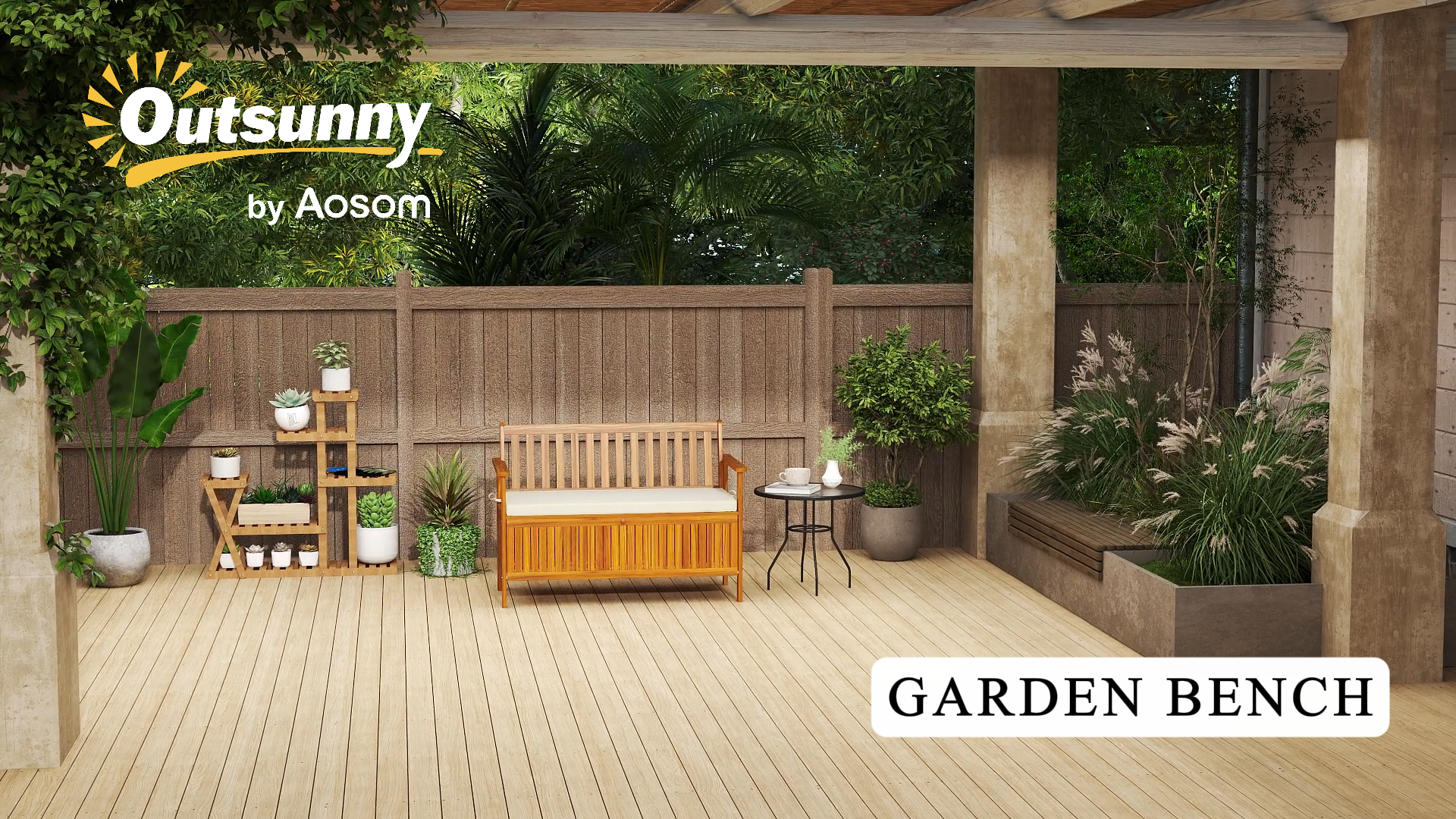 thumbnail video image 2 of Outsunny Outdoor Bench with Storage Compartment, Acacia Wood Patio Bench with Cushion, 2 Seater Garden Bench for Park Balcony, Teak, 2 of 10