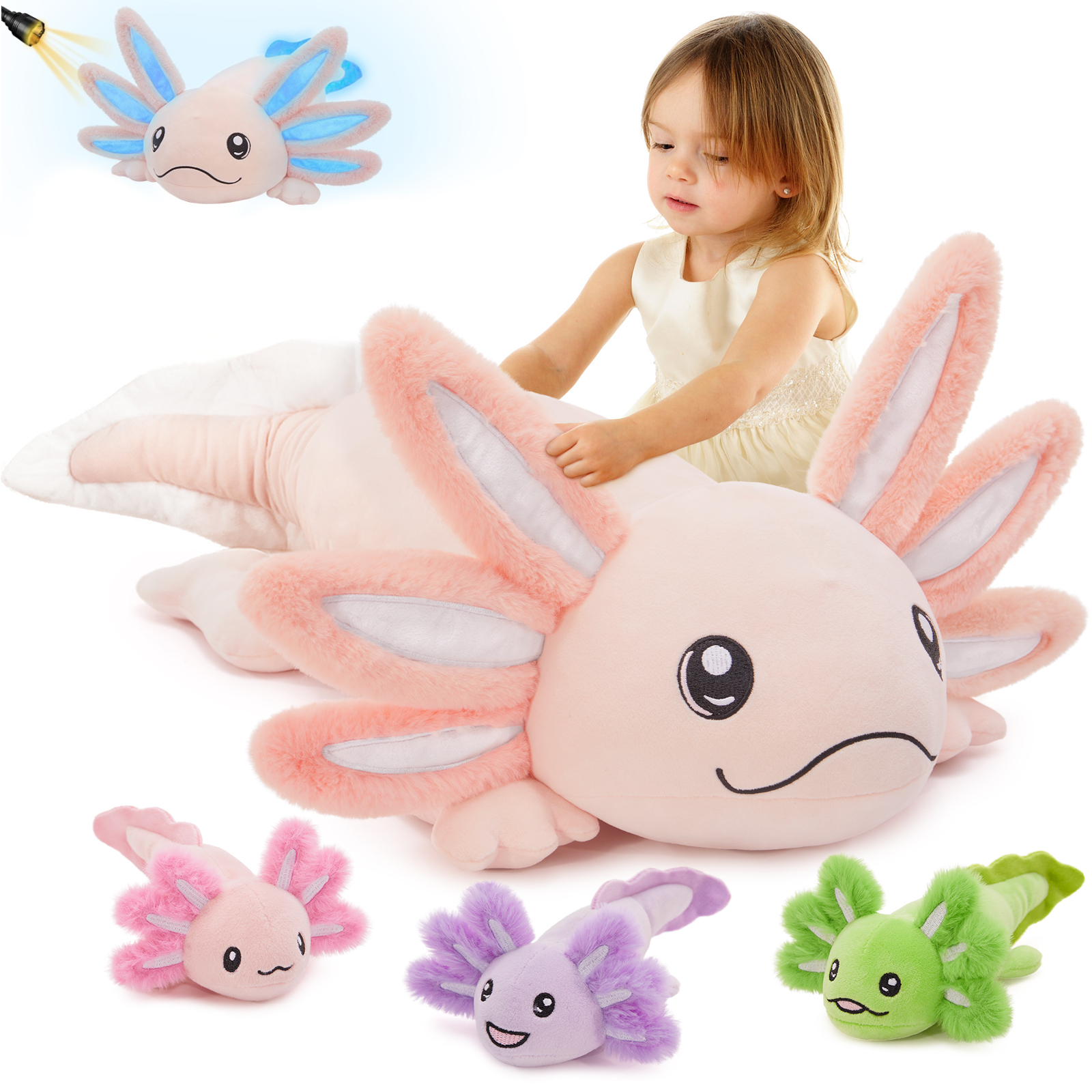 thumbnail video image 2 of MaoGoLan 4pcs Axolotl Stuffed Animals Stuffed Axolotl Glow in the Dark with 3 Plush Axolotl, 2 of 9