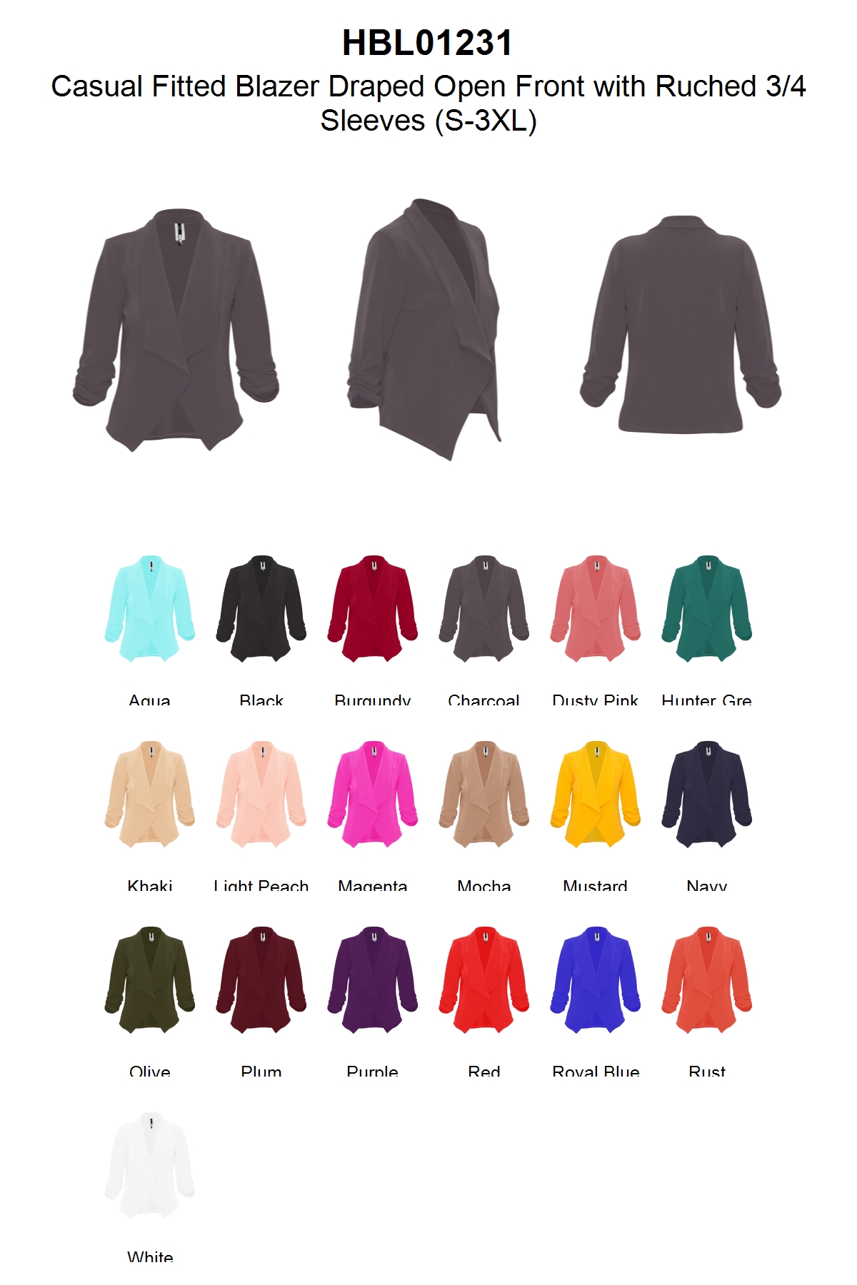 thumbnail video image 2 of Moa Collection Women's Casual Fitted Blazer Draped Open Front with Ruched 3/4 Sleeves (S-3XL), 2 of 5