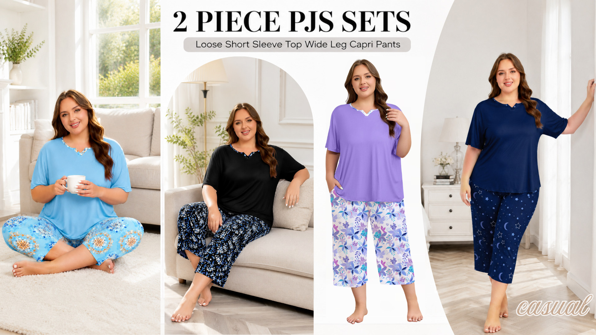thumbnail video image 2 of FEREMO Women Plus Size Pajamas Set Short Sleeve Prints Pjs Sets Sleepwear 2 Piece Loungewear Capri Pants with Pockets, 2 of 8