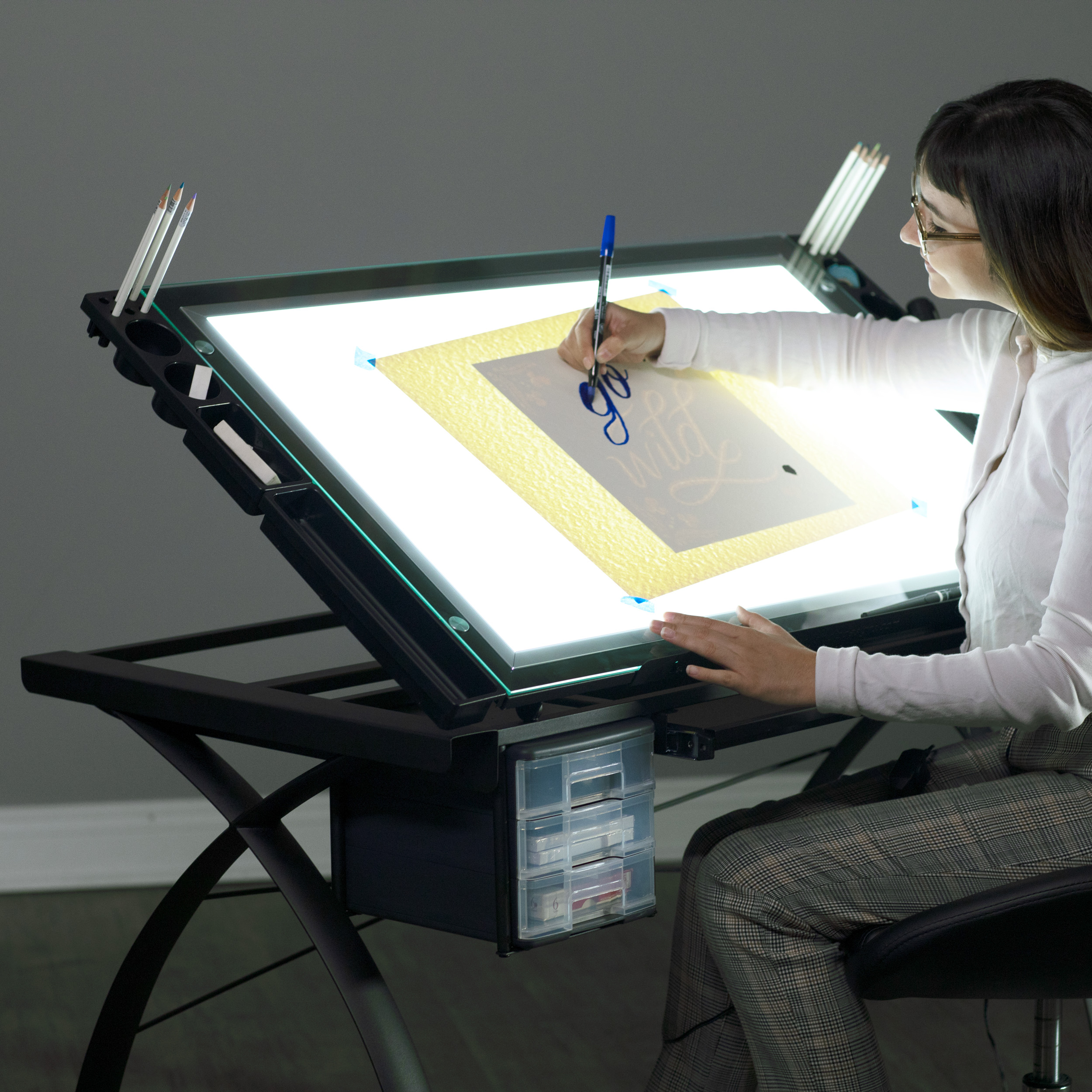 thumbnail video image 2 of Artograph Futura Adjustable Glass Drafting Table with 4 Art Trays, Black, 2 of 8