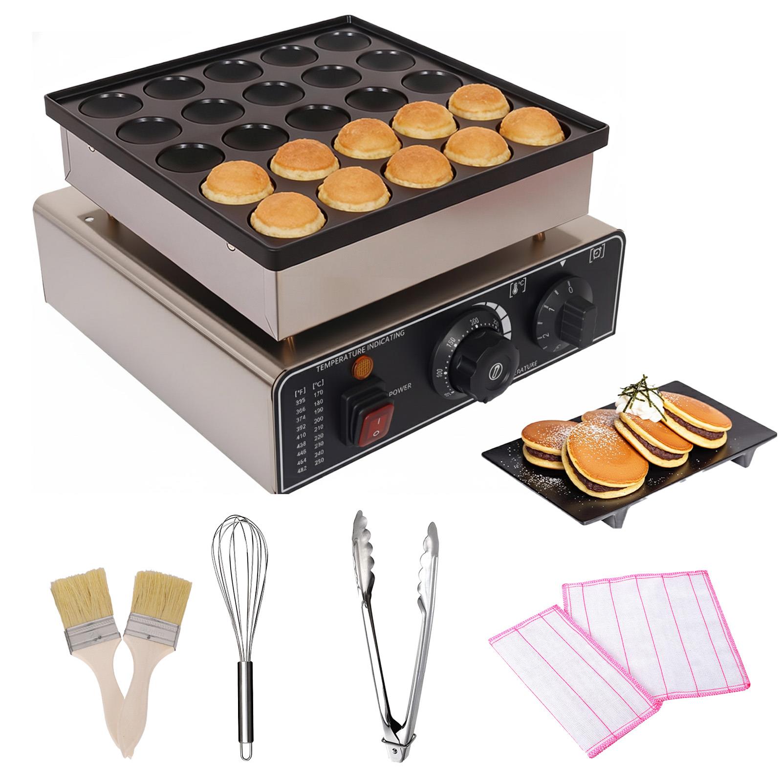 thumbnail video image 2 of Tanfengu 25-Hole 900W Mini Pancake Maker, 11x11x6.7in Compact Size, Stainless Steel Non-Stick Electric Griddle for Home Kitchen, Snack Shop, 2 of 10