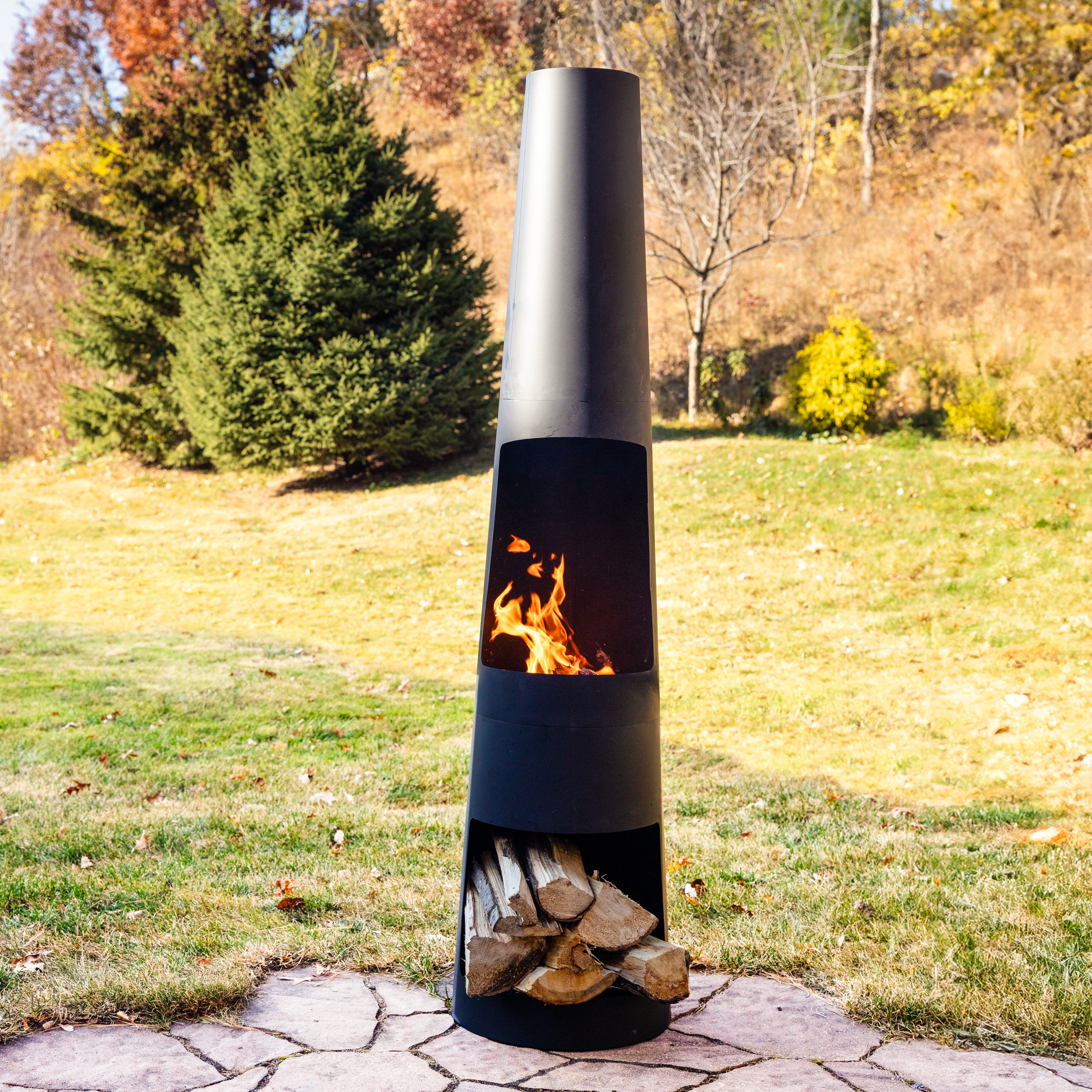 thumbnail video image 2 of Sunnydaze 59" Black Finish Steel Outdoor Chiminea Fire Pit with Built-In Log Holder, 2 of 14