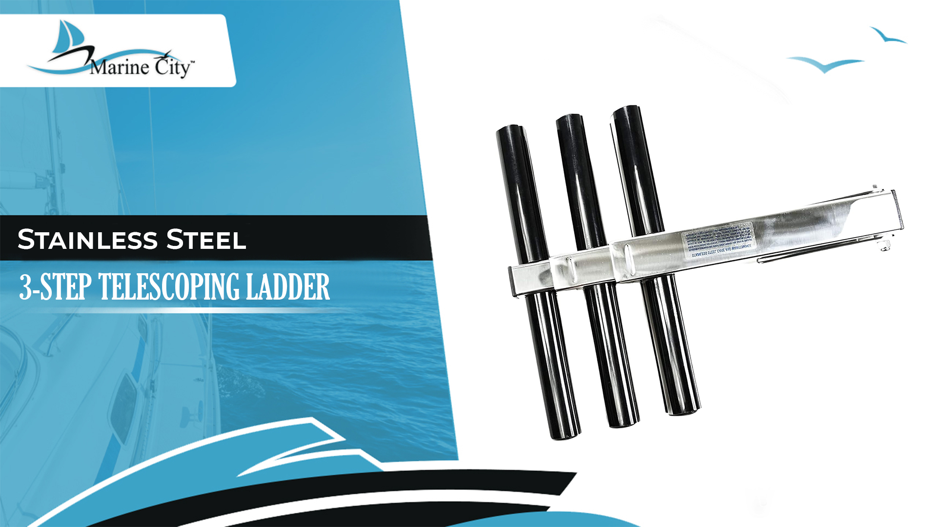 thumbnail video image 2 of MARINE CITY 3-Step Telescoping Ladder  Stainless Steel, Flip-Up, Anti-Slip, 3-5/8 Deployed Length, 13-1/2 Width, for Marines, Boats, Ships, Yachts Pack of 1, 2 of 8