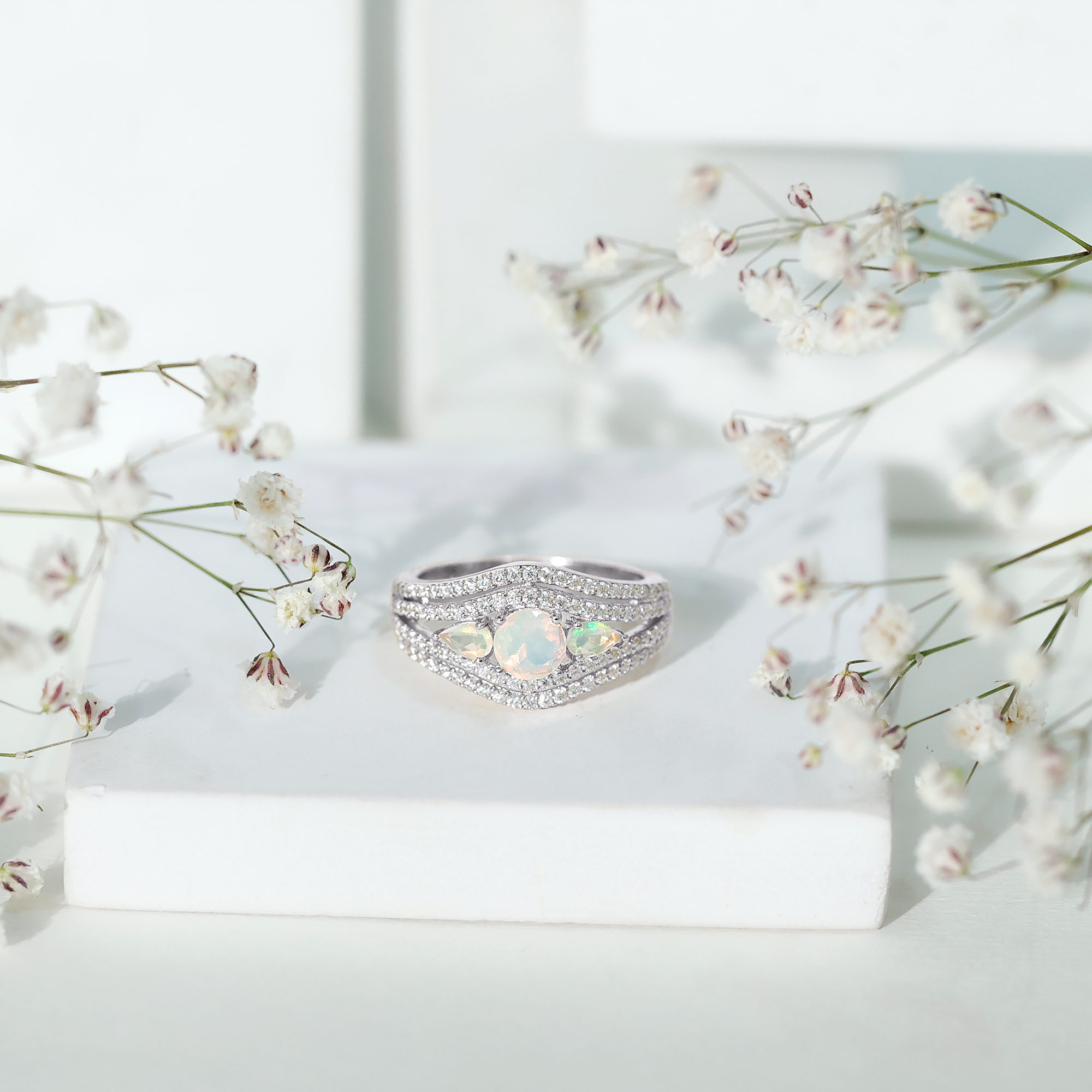 thumbnail video image 2 of Rosec Jewels Real Ethiopian Opal 3 Stone Engagement Ring for Women - Statement Ring - AAA Quality - with Jewelry Box, 18K White Gold, US 4.50, 2 of 9