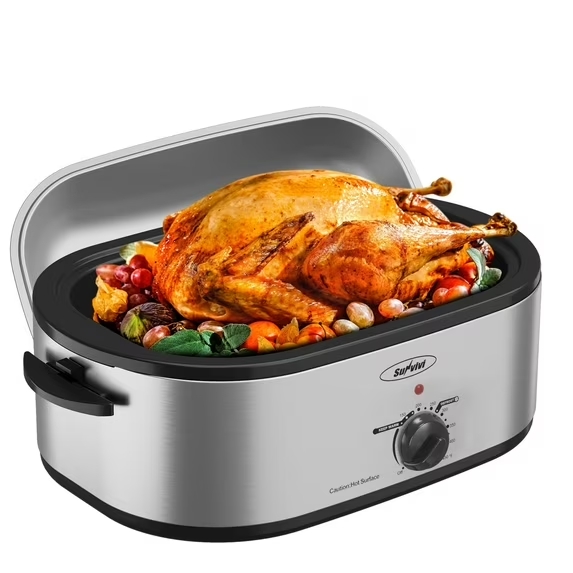thumbnail video image 2 of Sunvivi Roaster Oven with Self-Basting Lid, 18qt Electric Roaster with Removable Pan & Rack, Turkey Roaster Oven with Defrost & Warm Function, Stainless Steel, Silver, 2 of 8