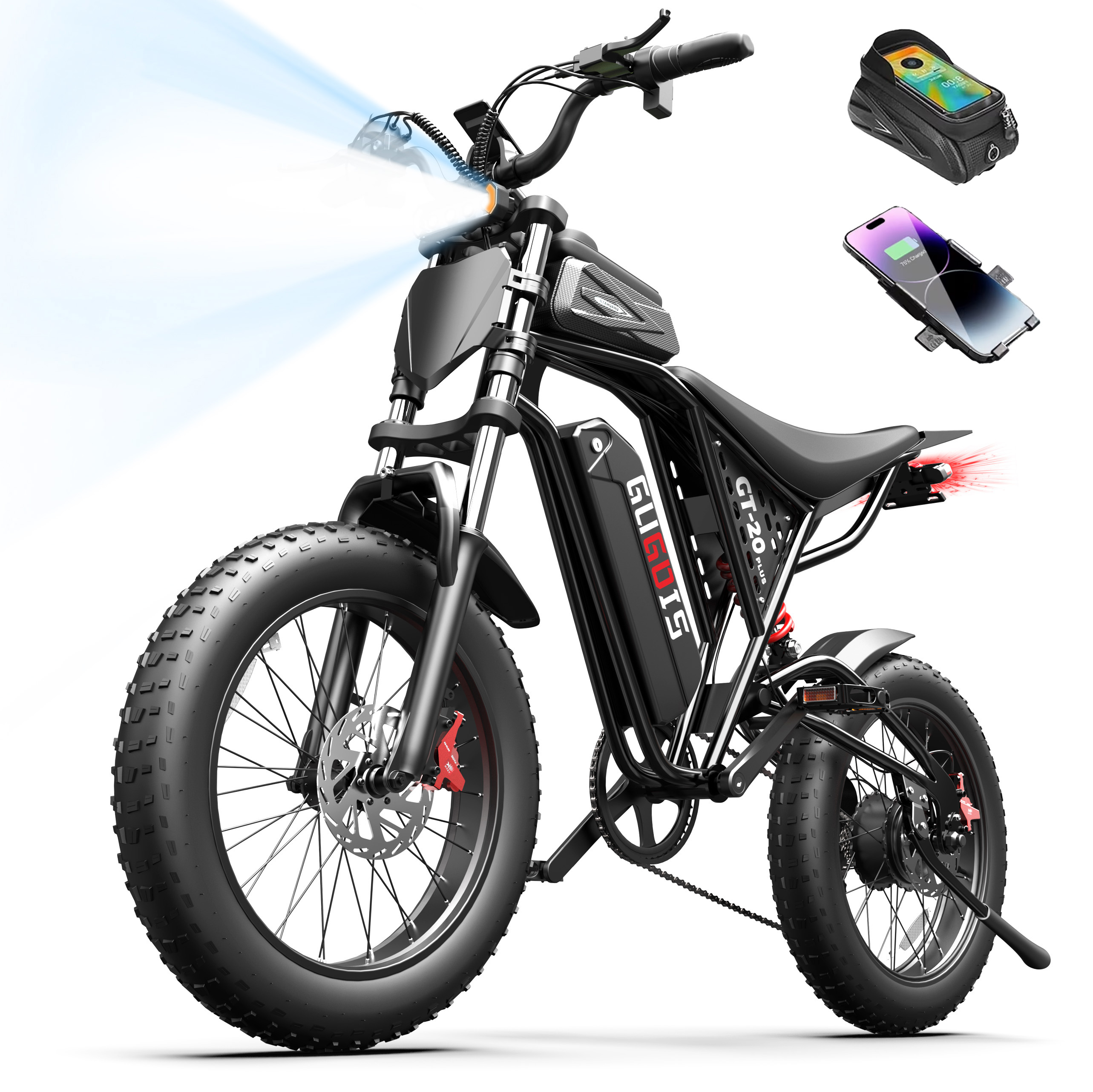 thumbnail video image 2 of GugoIs 2000W Peak Electric Bike for Adults, 20" * 4.0 Electric Mountain Bike, 48V 20Ah Removable Battery Fat Tire Ebike, Full Suspension with Phone Holder & Bag, off-road, UL2849, 2 of 8
