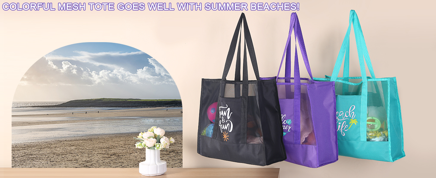 thumbnail video image 2 of HSMYANK Unisex Mesh Beach Polyester Tote Bag with Zipper, 2 of 8