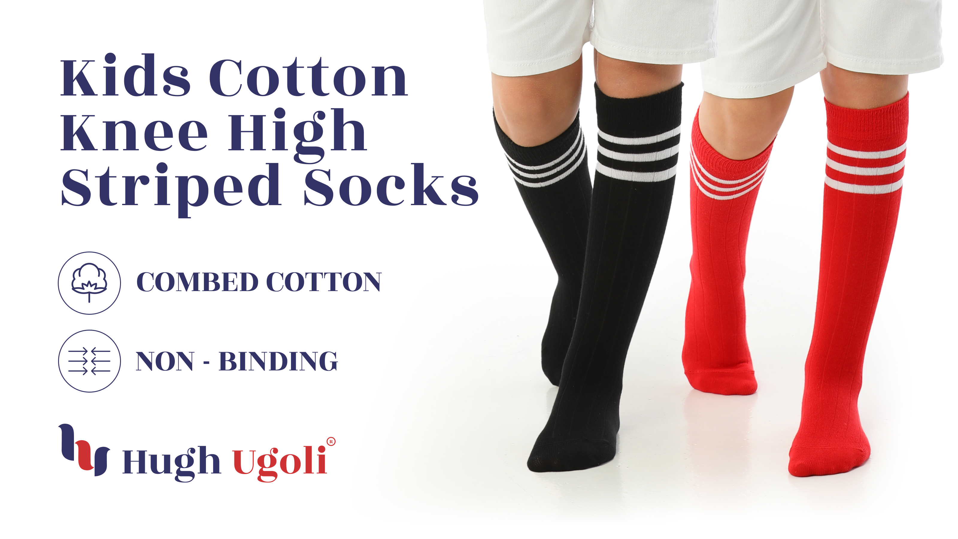 thumbnail video image 2 of HUGH UGOLI Knee High Cotton Socks for Girls & Boys, Long Tube School Uniform Socks with Stripes, Soft & Comfortable, Pumpkin Orange, 12-14 Years Old, 4 Pairs, 2 of 7