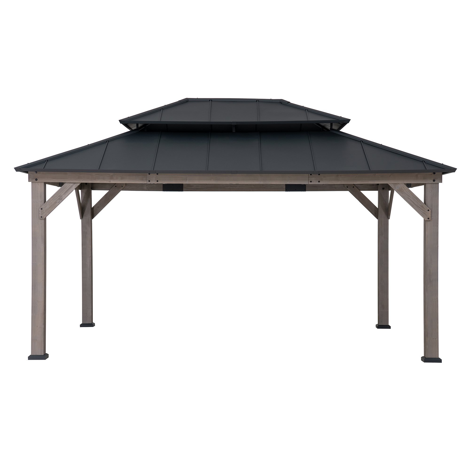 thumbnail video image 2 of Sunjoy 12x16 ft. Wood Gazebo, Outdoor Patio Steel Hardtop Gazebo, Cedar Framed Wooden Gazebo with 2-tier Metal Roof, Suitable for Patios, Lawn, and Backyard, Matte Black, 2 of 13