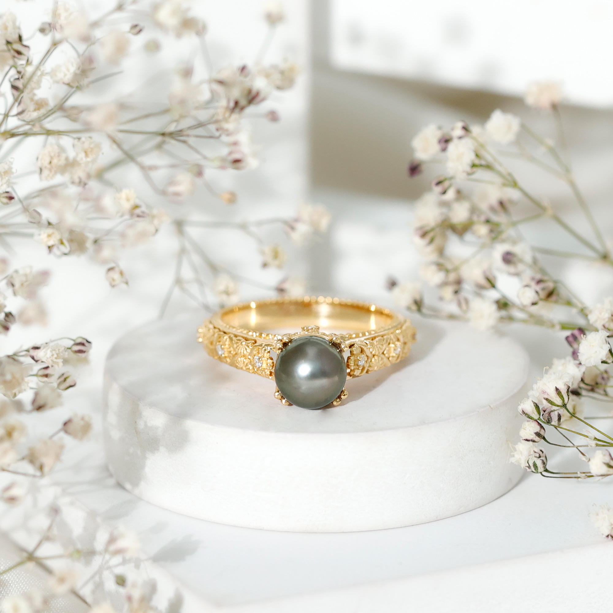 thumbnail video image 2 of Rosec Jewels Tahitian Pearl Diamond Engagement Ring - 8 Carat - Nature Inspired Black Pearl Ring - AAA Quality - With Jewelry Box, 925 Sterling Silver, US 4.00, 2 of 9