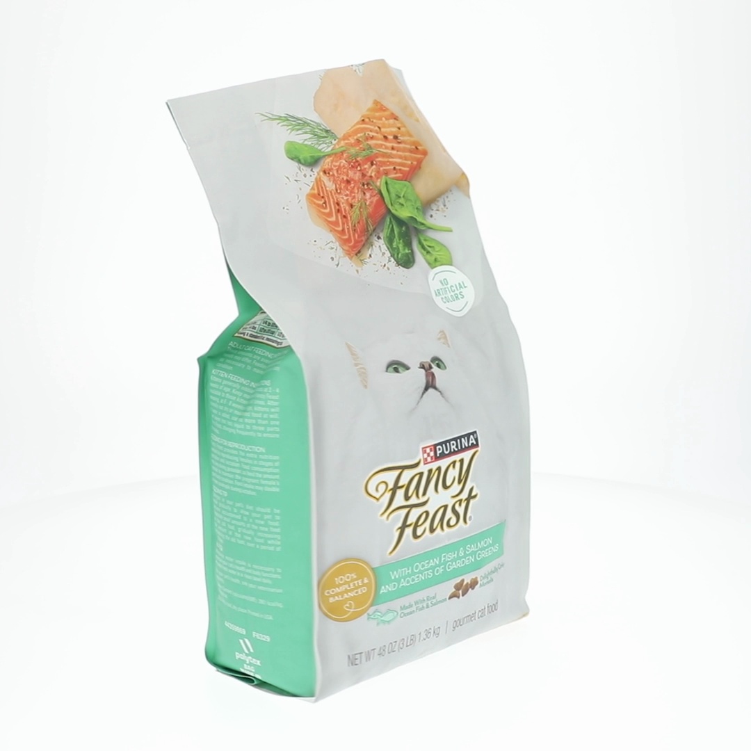 fancy fish food box Purina Feast Dry Cat with Ocean and Salmon To be served as a complement to her regular meals Fancy Feast Dry Cat Food