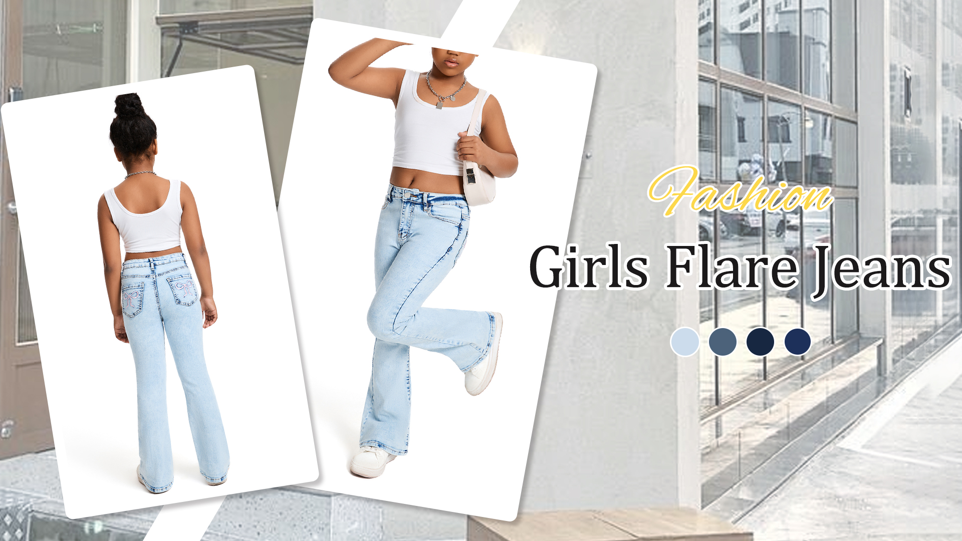 thumbnail video image 2 of Happy Cherry Girl's Denim Pants Flare Leg Kids Bell Bottom Jeans Teen Mid Waisted Denim Trousers Slim Pants with Pockets 13-14 Years, 2 of 7