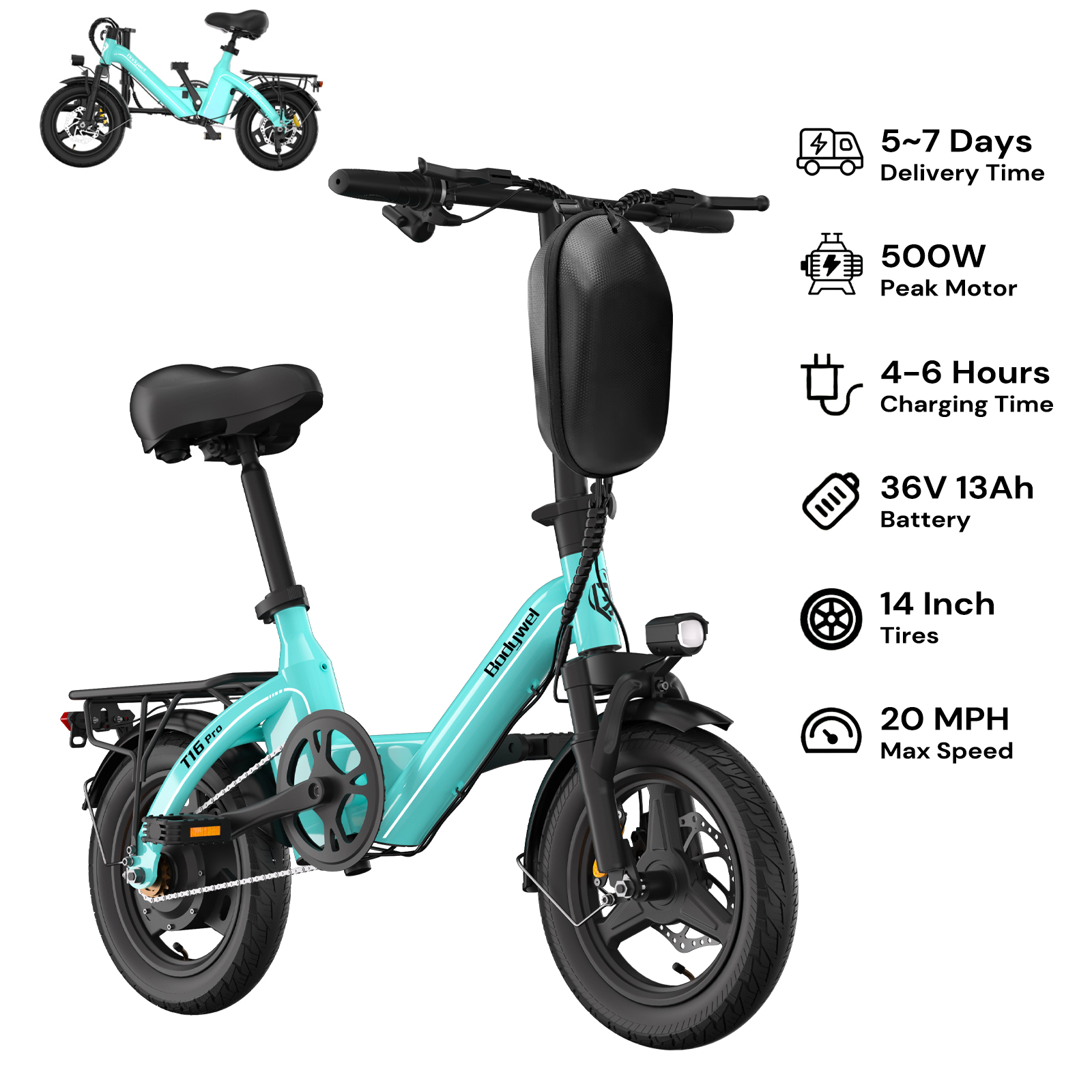 thumbnail video image 2 of Electric Bike for Adults, Bodywel Electric Bicycle with 36V 13Ah Battery, 14" Folding Ebike, Peak 500W Motor, Commuting Mini E Bike, 25Miles, UL2849, 2 of 10
