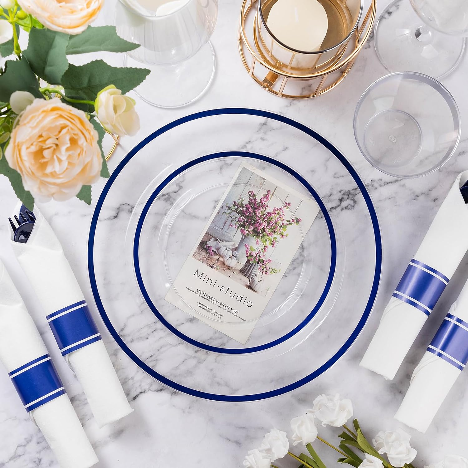 thumbnail video image 2 of Goodluck 350 Pcs Clear Plastic Dinnerware Set for 50 Guests, Dark Blue Rim Plates, Cups, Cutlery & Pre-Rolled Napkins for Wedding, Birthday, Party, 2 of 8
