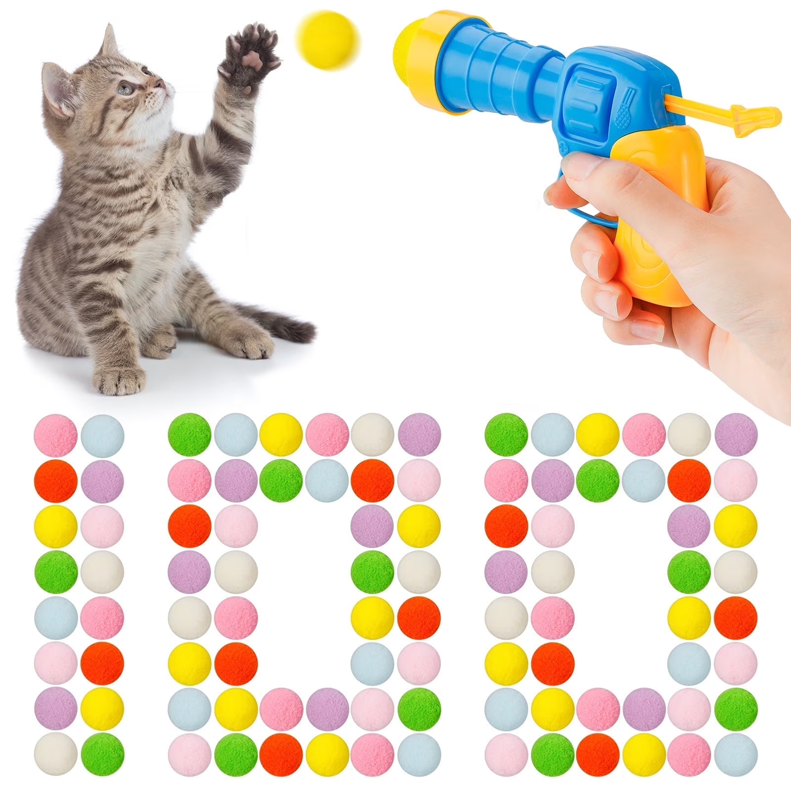 thumbnail video image 2 of FORICOM Cat Toy Ball Set, 100pcs Plush Cat Pom Pom Balls & 1 Cats Fetch Toy Launcher Set for Kitten Catch Fetch Interactive Cat Toy (100Balls+1 Launcher), 2 of 6