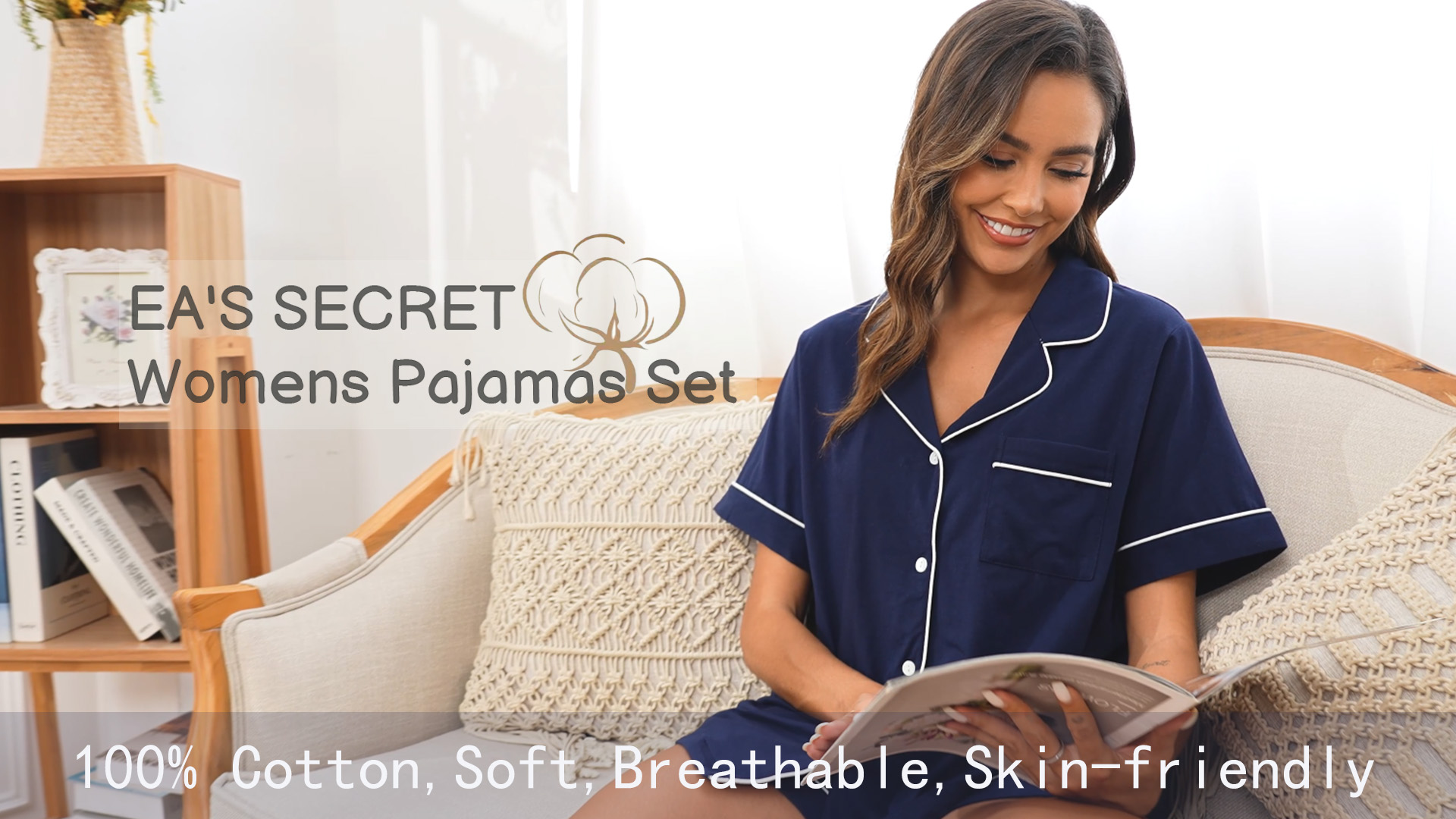 thumbnail video image 2 of EA'S SECRET 100% Cotton Womens Pajamas Set Pj Shorts Sleepwear Bridal Pajama Loungewear Short Sleeve Button Down Summer Pjs(Green,M), 2 of 7