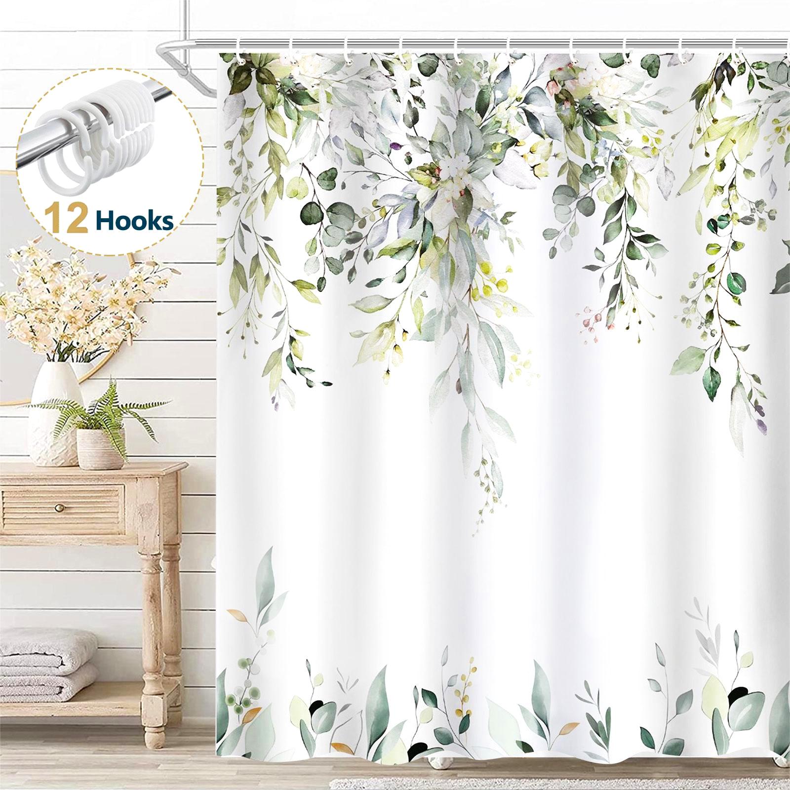 thumbnail video image 2 of Dznils Green Eucalyptus Fabric Shower Curtain, Watercolor Floral Pattern with Hooks, 72" x 72", 2 of 14