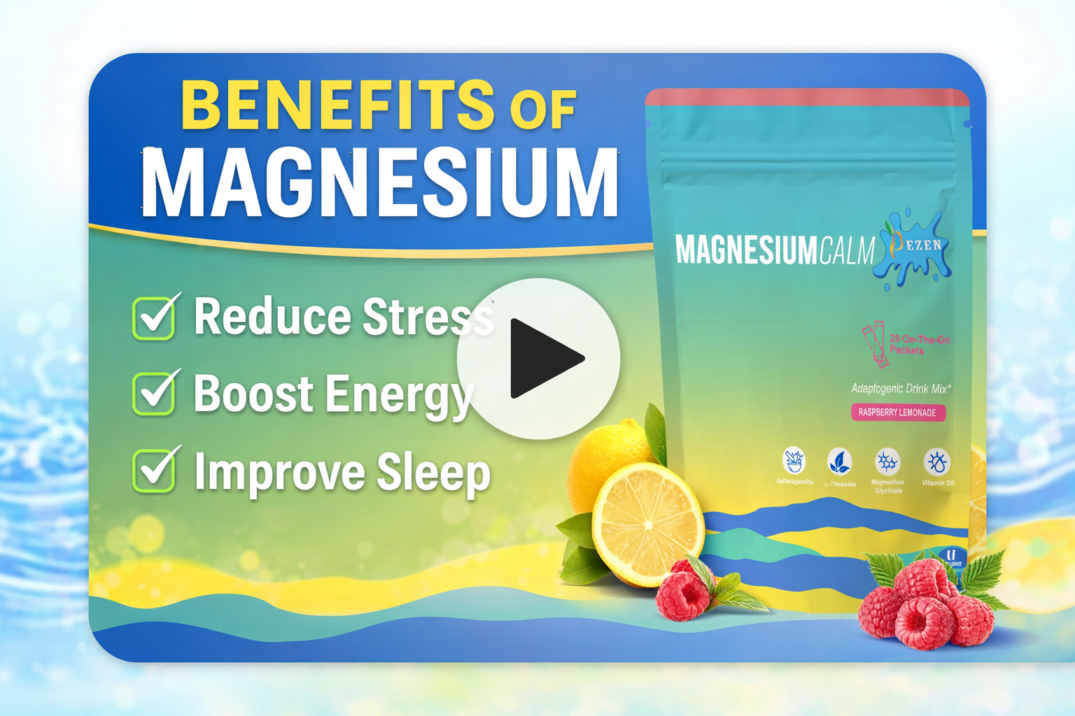 thumbnail video image 2 of DEZEN Calm Magnesium Powdered Drink Mix with L Theanine, Ashwagandha, Vitamin D - 20 Sachets, Pack 3, 2 of 11