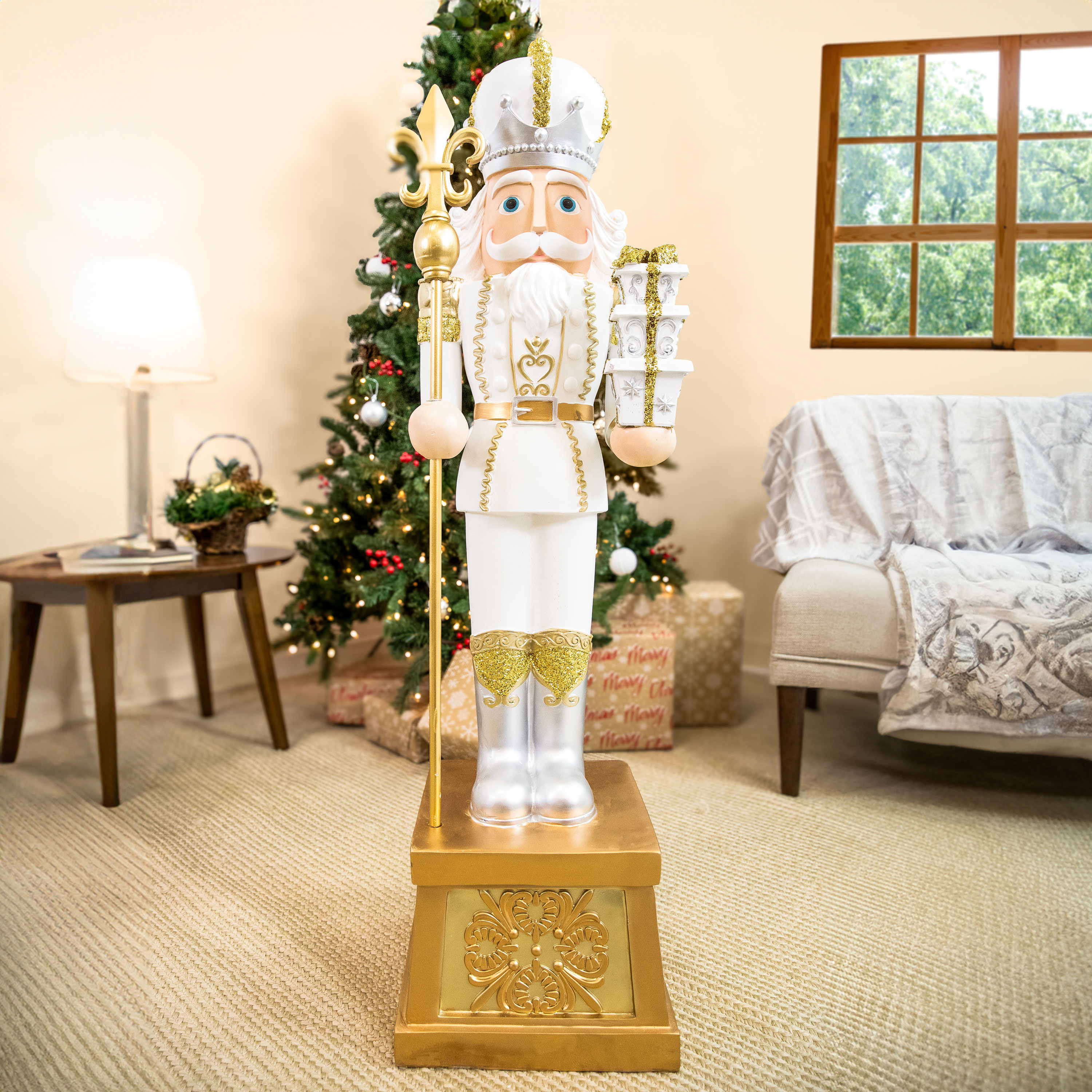 thumbnail video image 2 of Sunnydaze Gold Polyresin Pierre the Fleur-de-Lis Nutcracker Christmas Statue, 47", 2 of 21