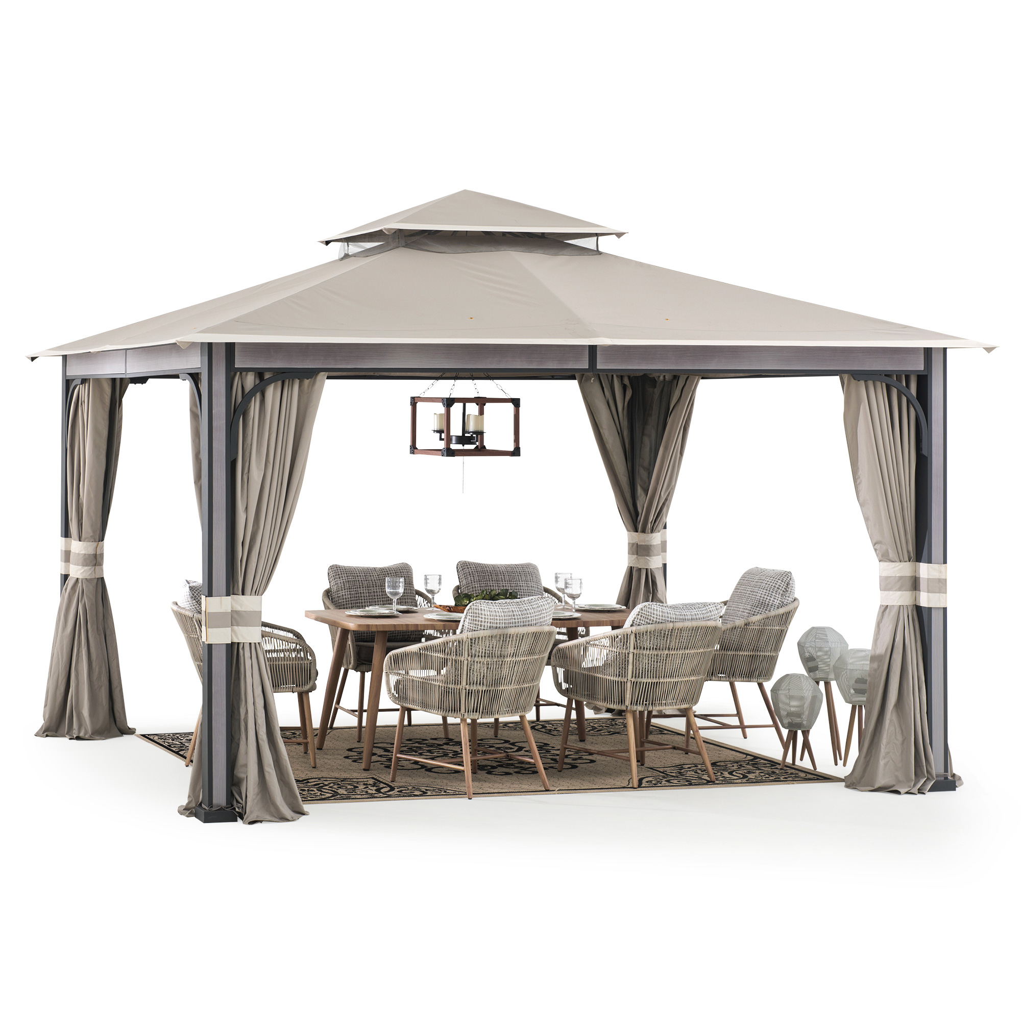 thumbnail video image 2 of Sunjoy Roberts Outdoor Patio Steel Frame11 x 13 ft. 2-Tier Soft Top Gazebo with Light Gray Canopy Roof, Netting,  and Curtains, 2 of 13