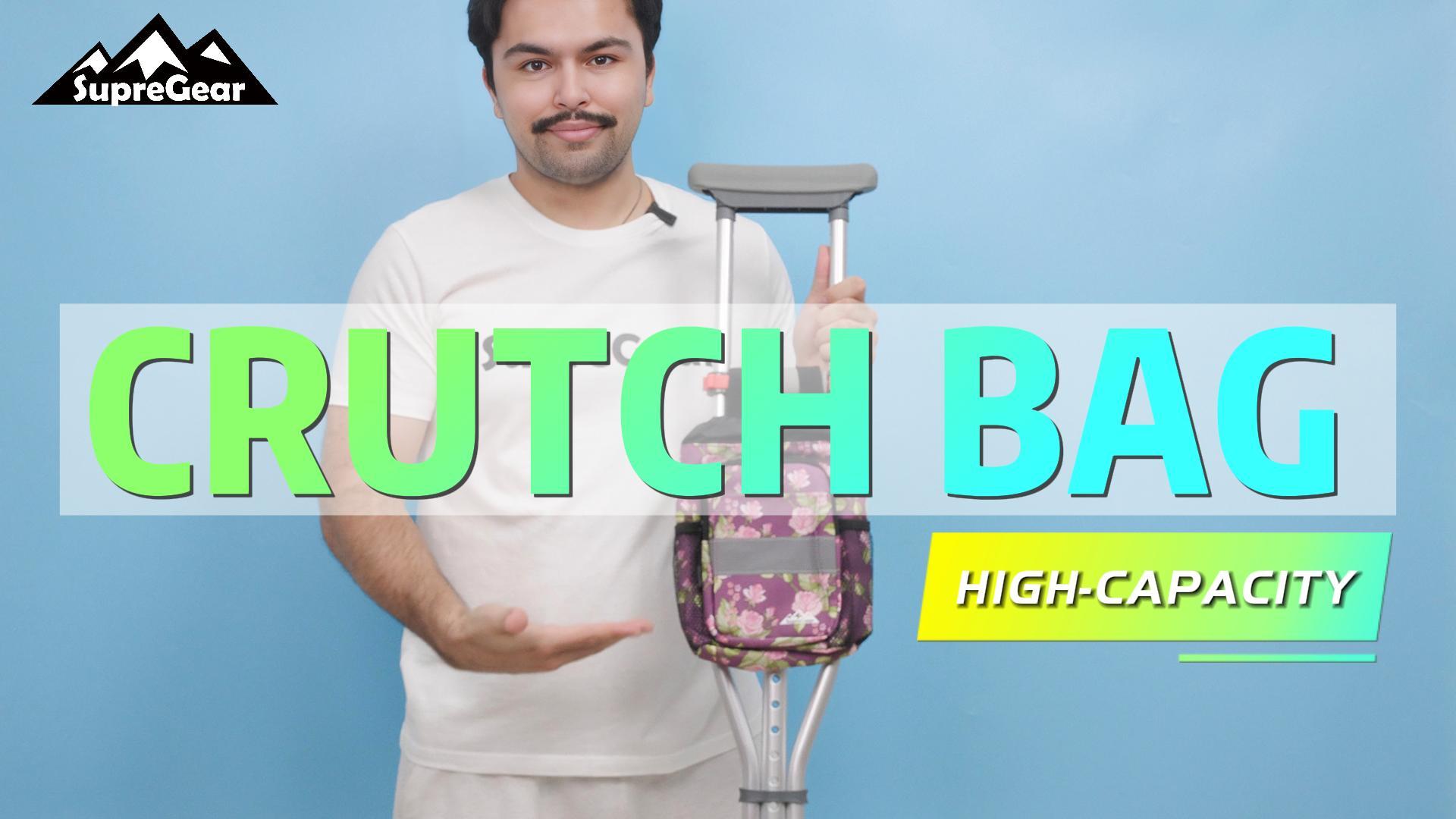 thumbnail video image 2 of SupreGear Crutch Bag, Large Capacity, Waterproof, Reflective Strip, Oxford Fabric, Purple Floral, 2 of 8