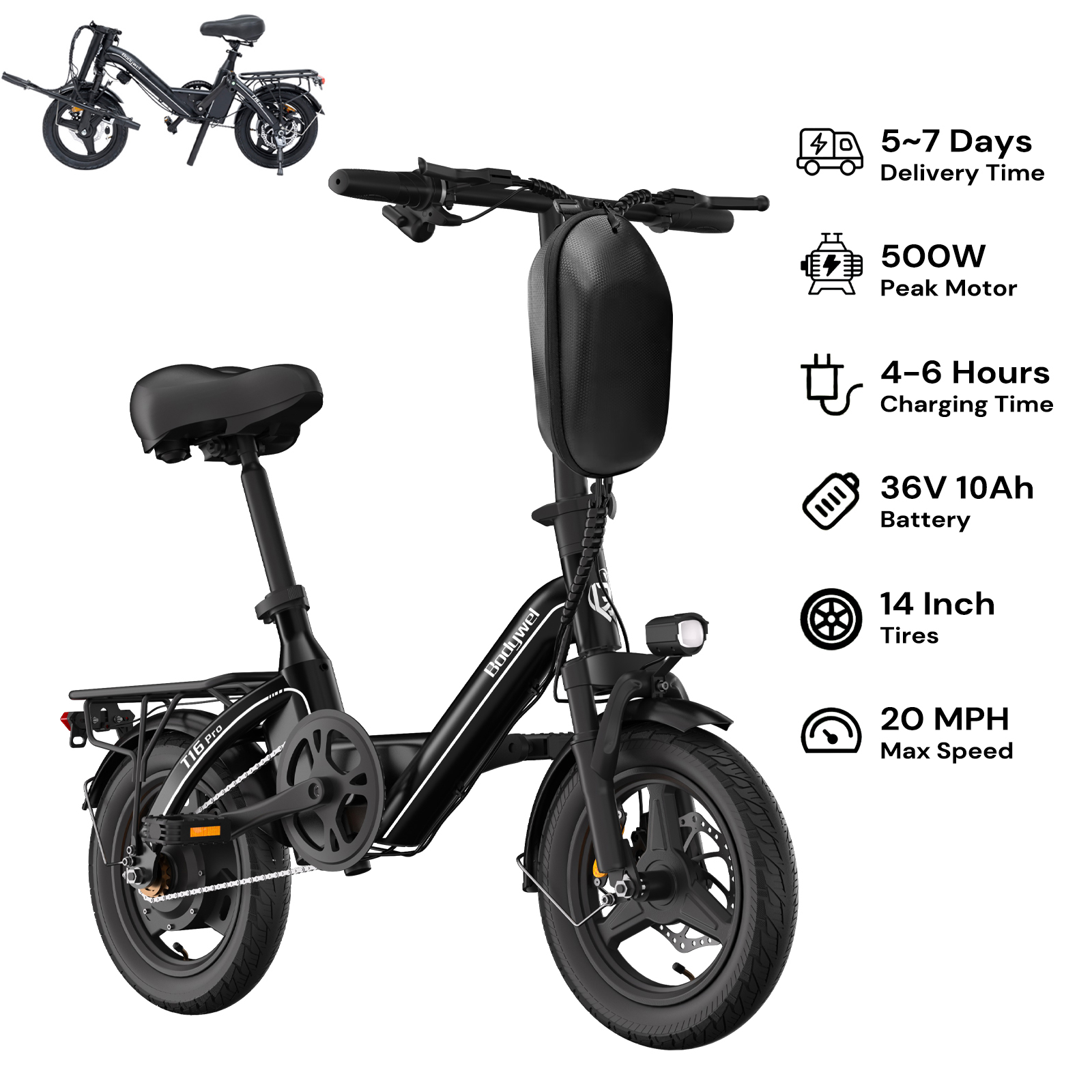 thumbnail video image 2 of Bodywel Electric Bike for Adults, Electric Bicycle with 36V 10AH Battery, 14" Folding Ebike, 500W Motor, 20MPH Mini E Bike for City Commuter, UL2849, 2 of 10
