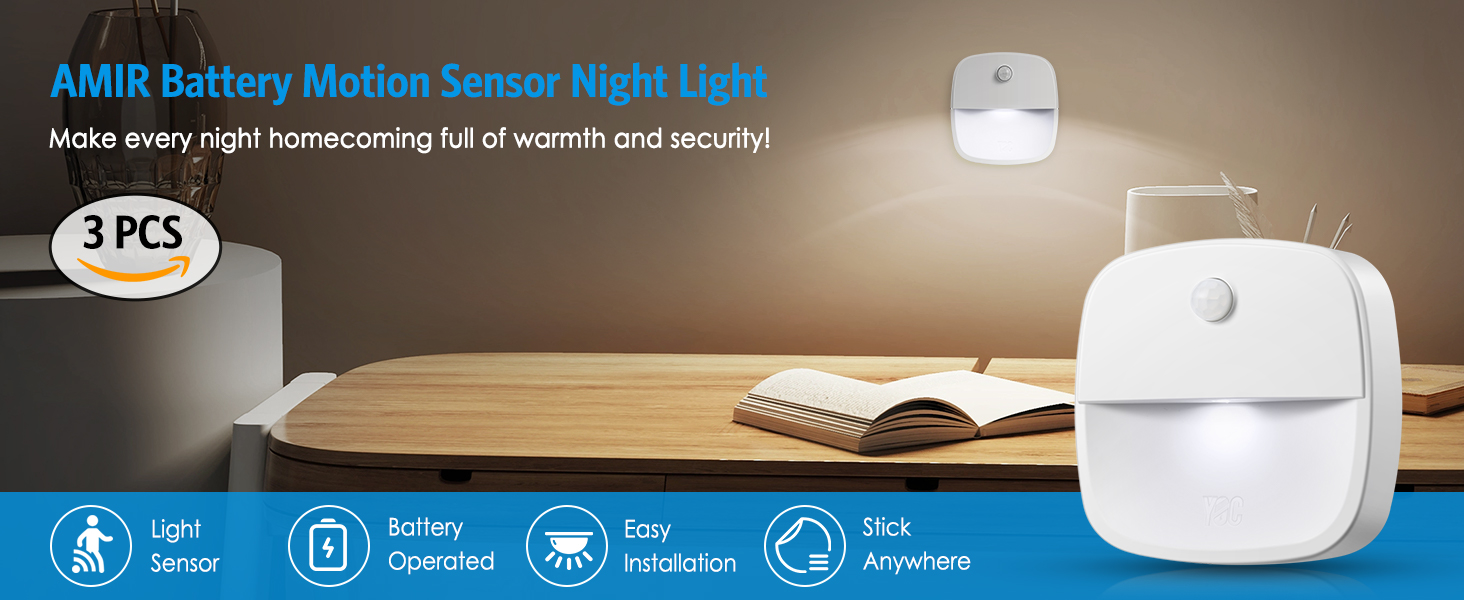 thumbnail video image 2 of AMIR Motion Sensor Light Stair Lights Battery Operated Stick-On LED Night Light for Closet Hallway Bathroom Kitchen Cabinet Energy Efficient White 3 Packs, 2 of 10