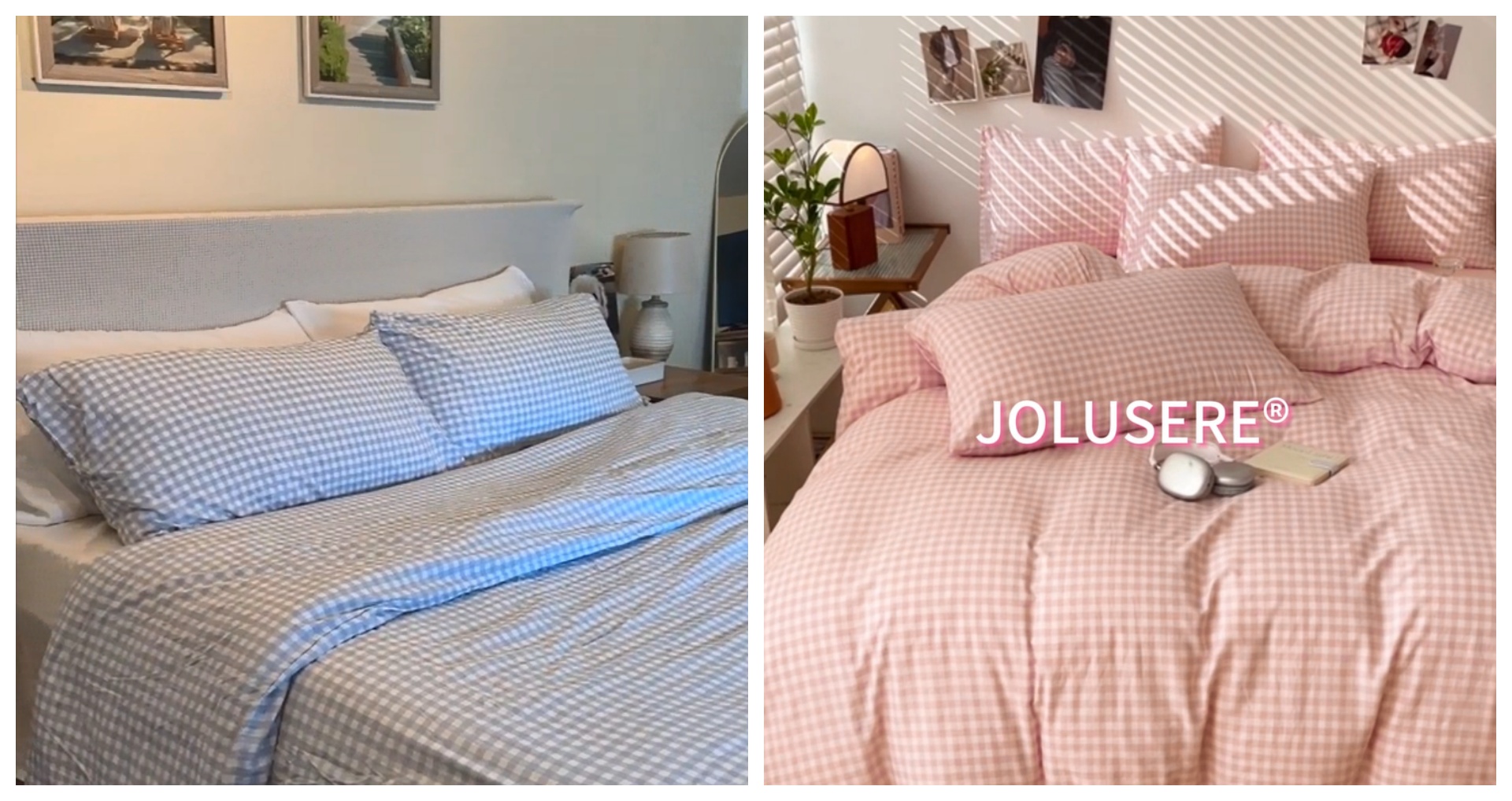 thumbnail video image 2 of JOLUSERE 2-Piece Soft Breathable Gingham Duvet Cover Twin Set，Pink White Plaid Checkered Bedding Cover, 2 of 14