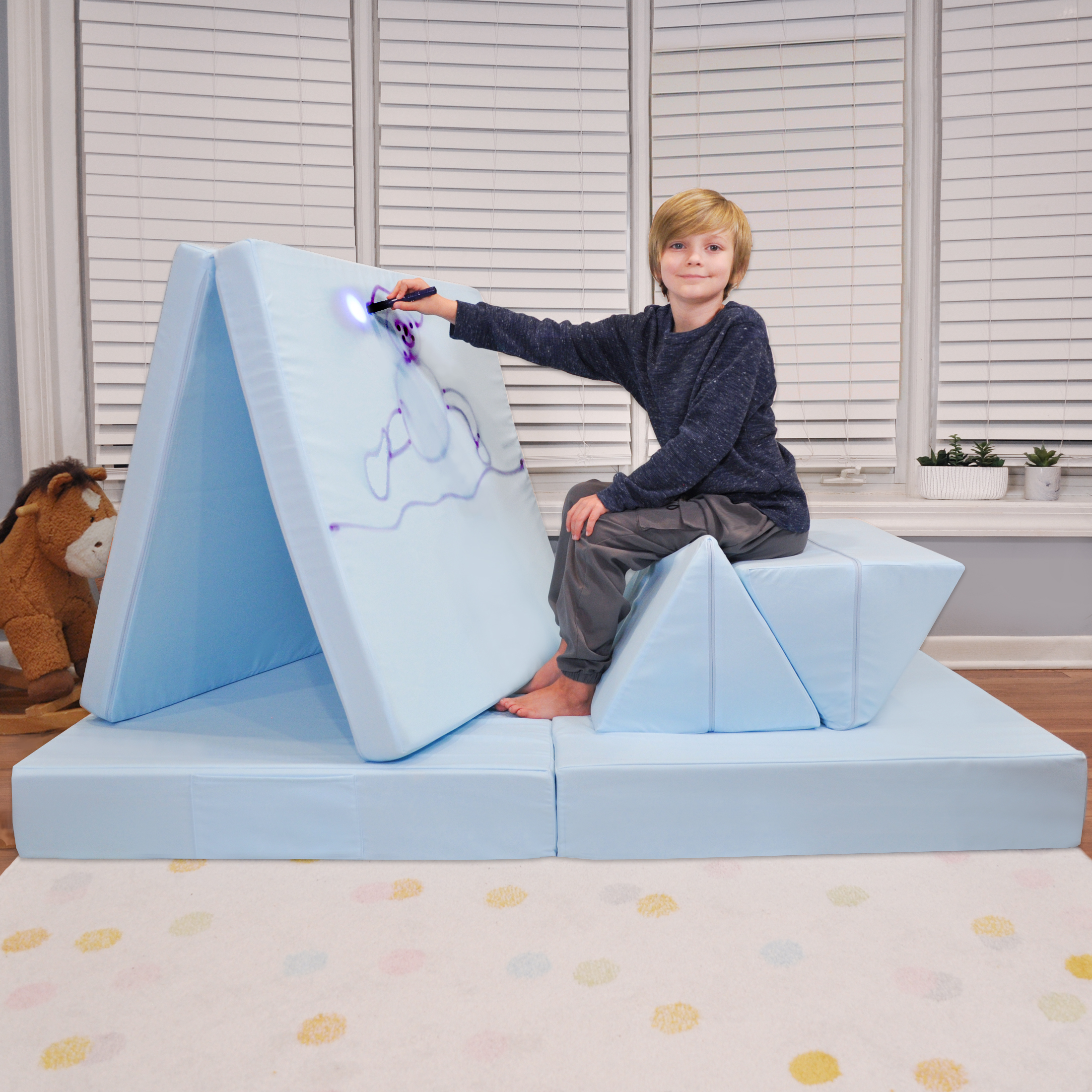 thumbnail video image 2 of Imaginarium® Kids Magic Light Doodle Play Couch - Sky Blue, 2 of 12