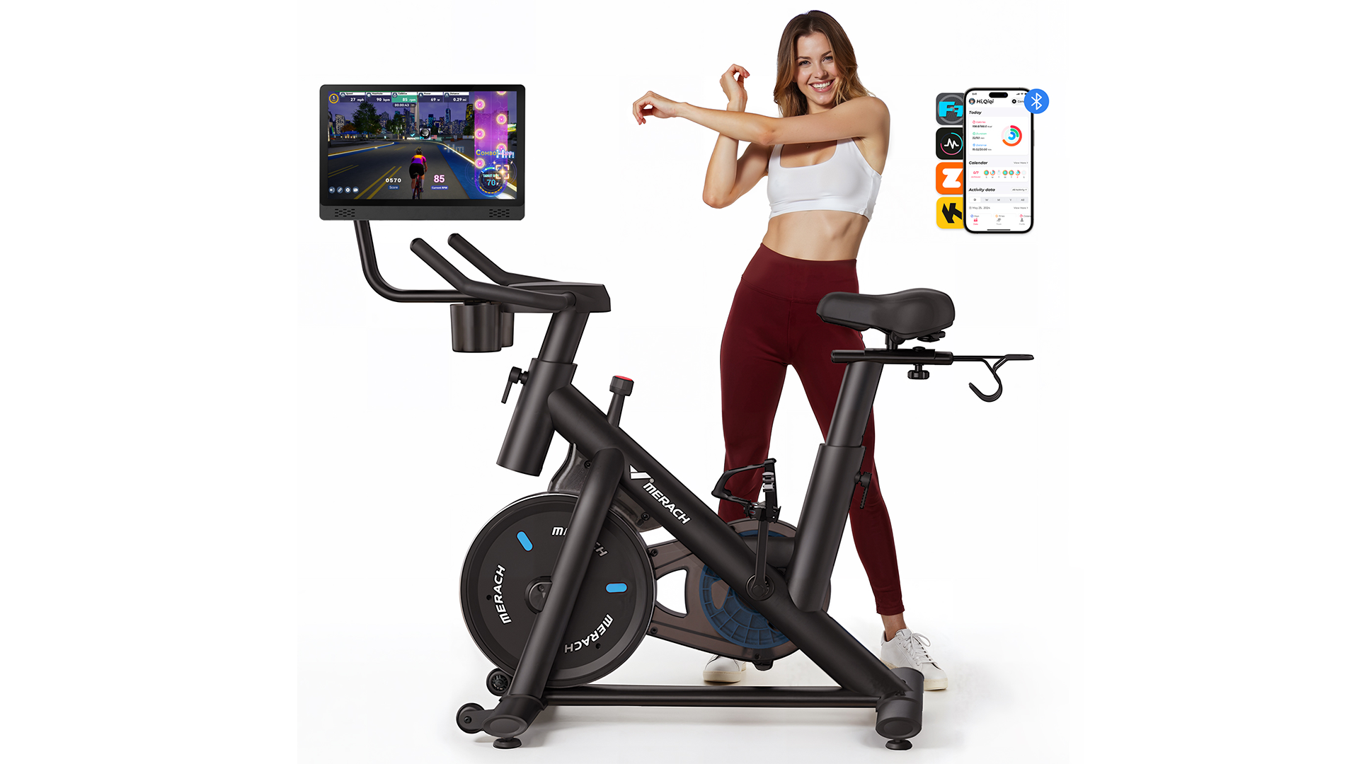thumbnail video image 2 of MERACH Stationary Exercise Bike with 1080P HD screen Low Noise for Indoor Workout Cycling Bike with 330lbs Weight Capacity Flywheel Weight 40lbs, 2 of 10