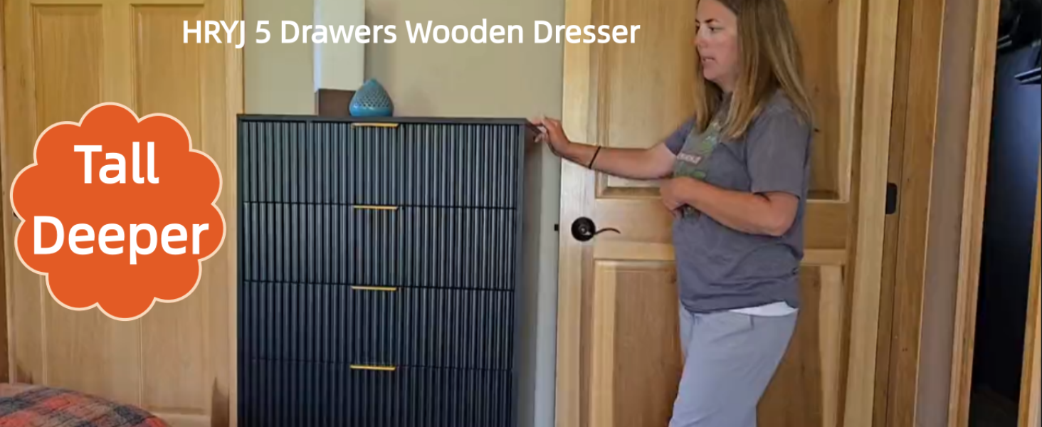 thumbnail video image 2 of White Wooden Bedroom Tall 5 Drawer Dresser,Fluted Chest of Drawers Dresser for Bedrooms Closet, 2 of 6