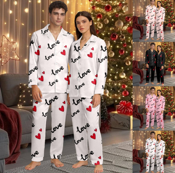 thumbnail video image 2 of HNMKIU Heart Print V-Neck Long Sleeve Pants Button Closure Valentine's Day Couples Pajamas Set Cozy Sleepwear 04_Black,M, 2 of 6