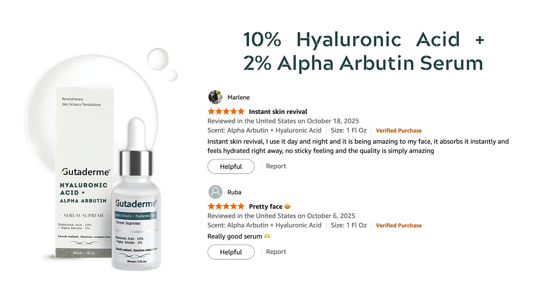 thumbnail video image 2 of Gutaderme Alpha Arbutin + Hyaluronic Acid Serum for Face - Dark Spot Correction, Nourishing Elegance, Anti-Aging & Hydrating, Face Serum & Hylunaric Acid Moisturizer, 30ml/1fI.oz, 2 of 10