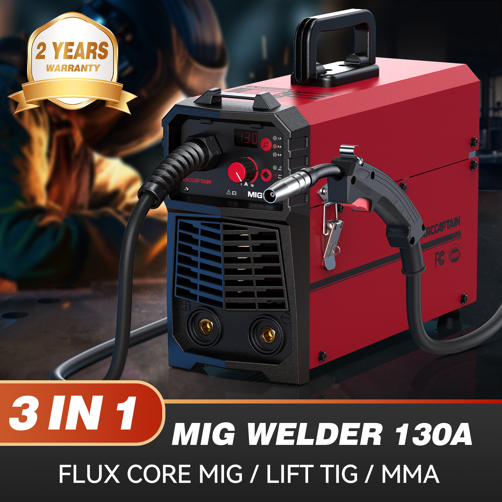 thumbnail video image 2 of ARCCAPTAIN 3 in 1 MIG Welder Machine, Synergetic 130A Flux Core Wire Feed Welder 110V, MMA/ MIG/ Lift TIG, Portable Welding Machine, 2 of 10