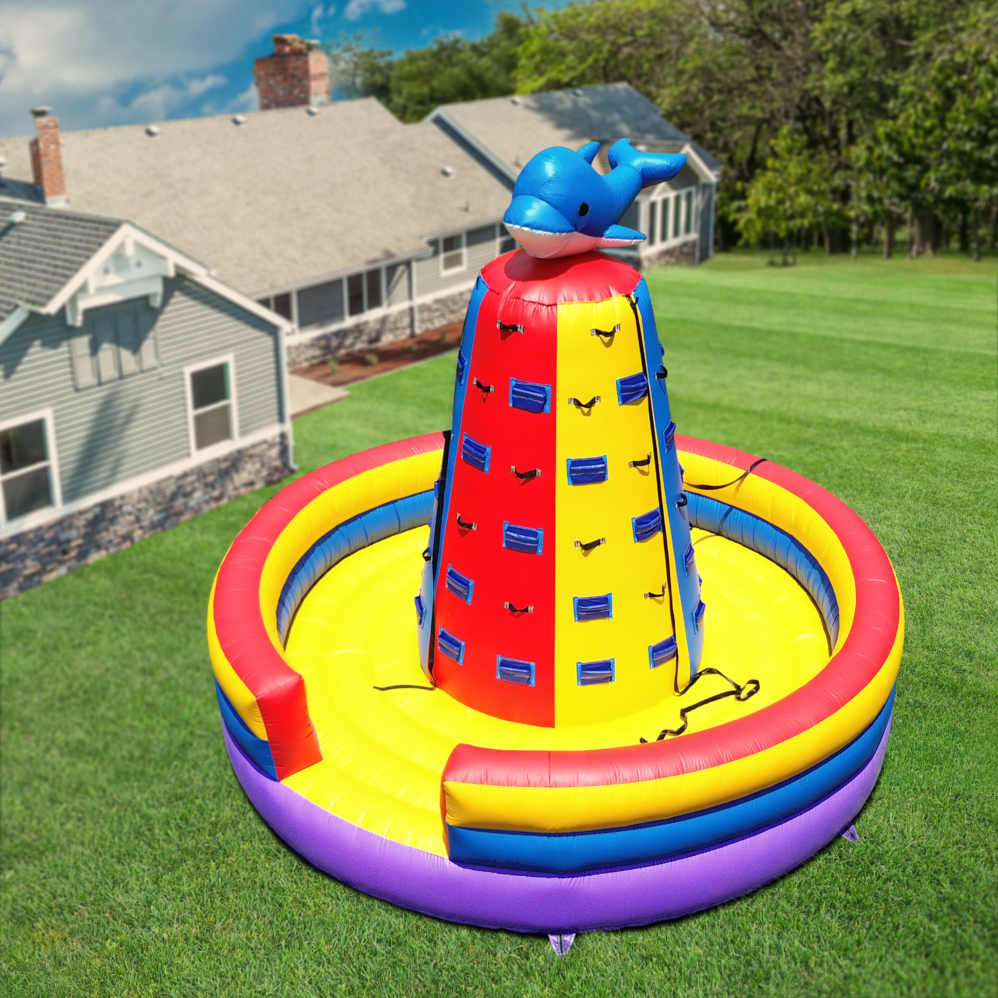 thumbnail video image 2 of Relunch 14.8X11.8FT Inflatable Dolphin Rock Climbing Wall Tower for Kids with 1100W Blower – Commercial PVC Outdoor Adventure Game with Safety Ropes & Harnesses, 2 of 9
