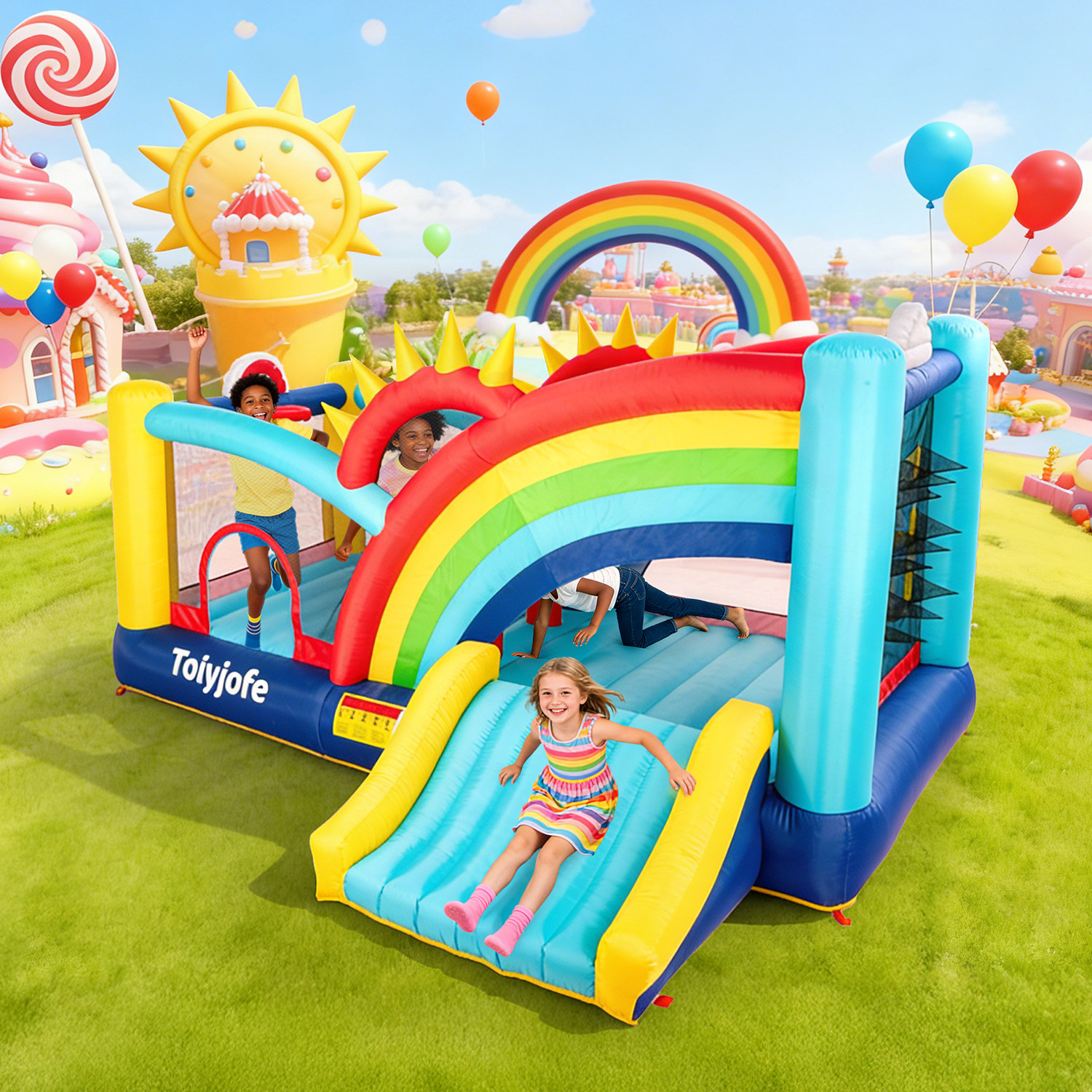 thumbnail video image 2 of Toiyjofe 16FT Rainbow Bounce House for Big Kids Ages 8-12, Colorful Outdoor Inflatable Play Center with Slide & Games, Backyard Party Active Play, 2 of 10