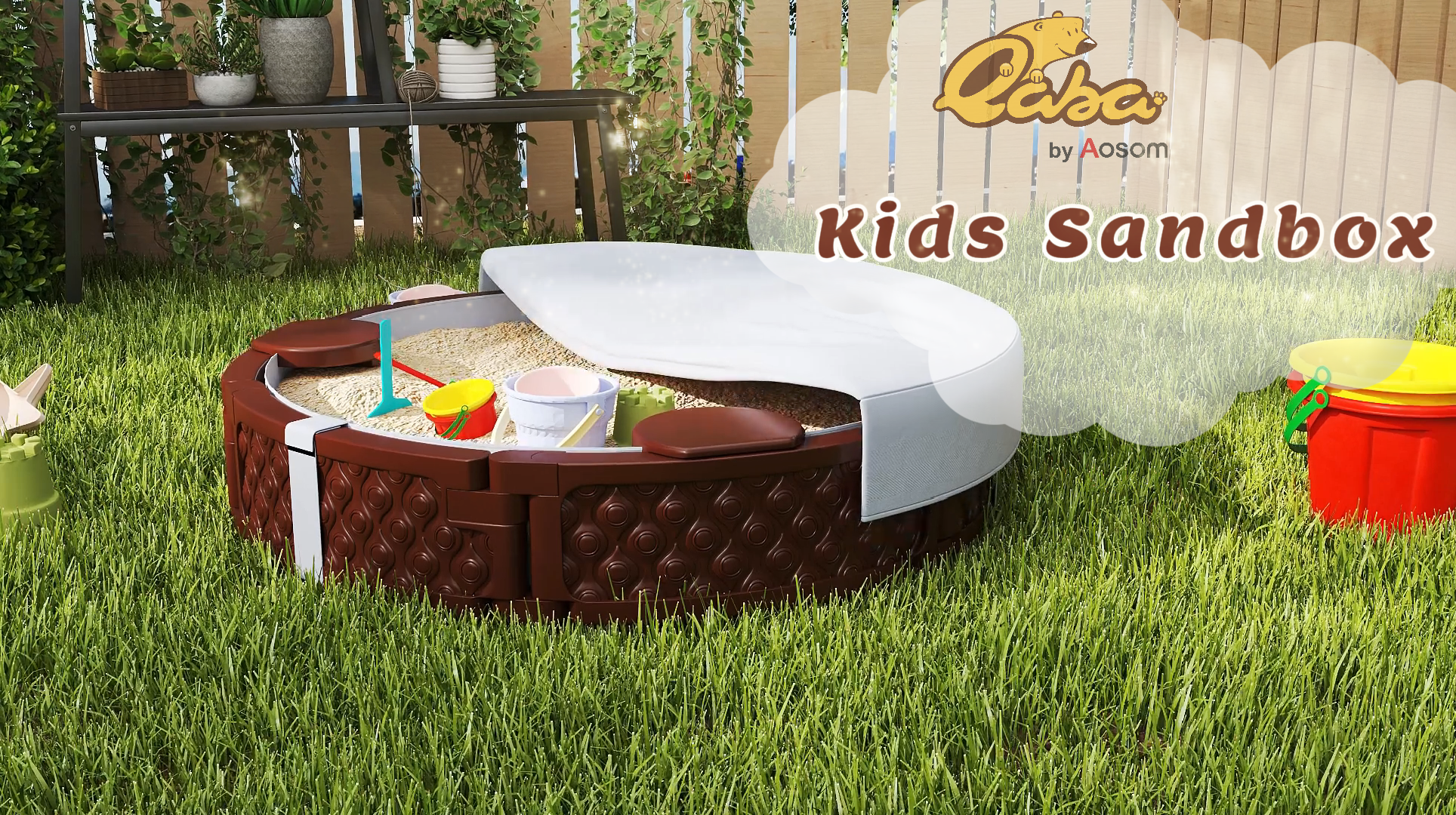 thumbnail video image 2 of Qaba Sandbox for Kids, Outdoor Sand Pit with Cover, Built-in Seating, Bottom Liner for Backyard, Garden, 47" x 9", Dark Brown, 2 of 10