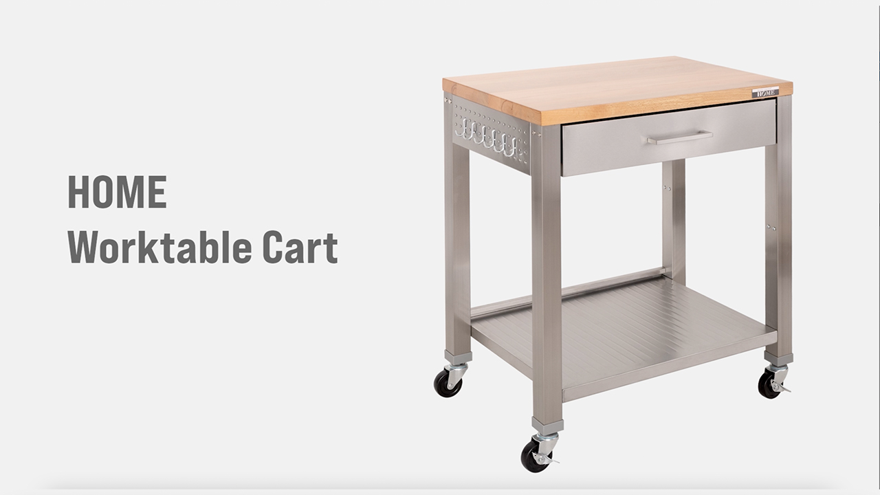 thumbnail video image 2 of Seville Classics UltraHD Stainless Steel Workcenter Professional Kitchen Island, 2-Drawer, Peg Boards, Steel, w/ Solid Wood Top, 2 of 7