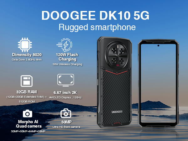 thumbnail video image 2 of DOOGEE DK10 5G Rugged Mobile Phone 32GB + 512GB, Unlocked Cell Phone 2.5K AMOLED 6.67" FHD+ 120Hz Dimensity 8020, Rugged Smartphone 64+50+50+16MP Camera, 120W Flash Charging, NFC/Side Fingerprint, 2 of 9