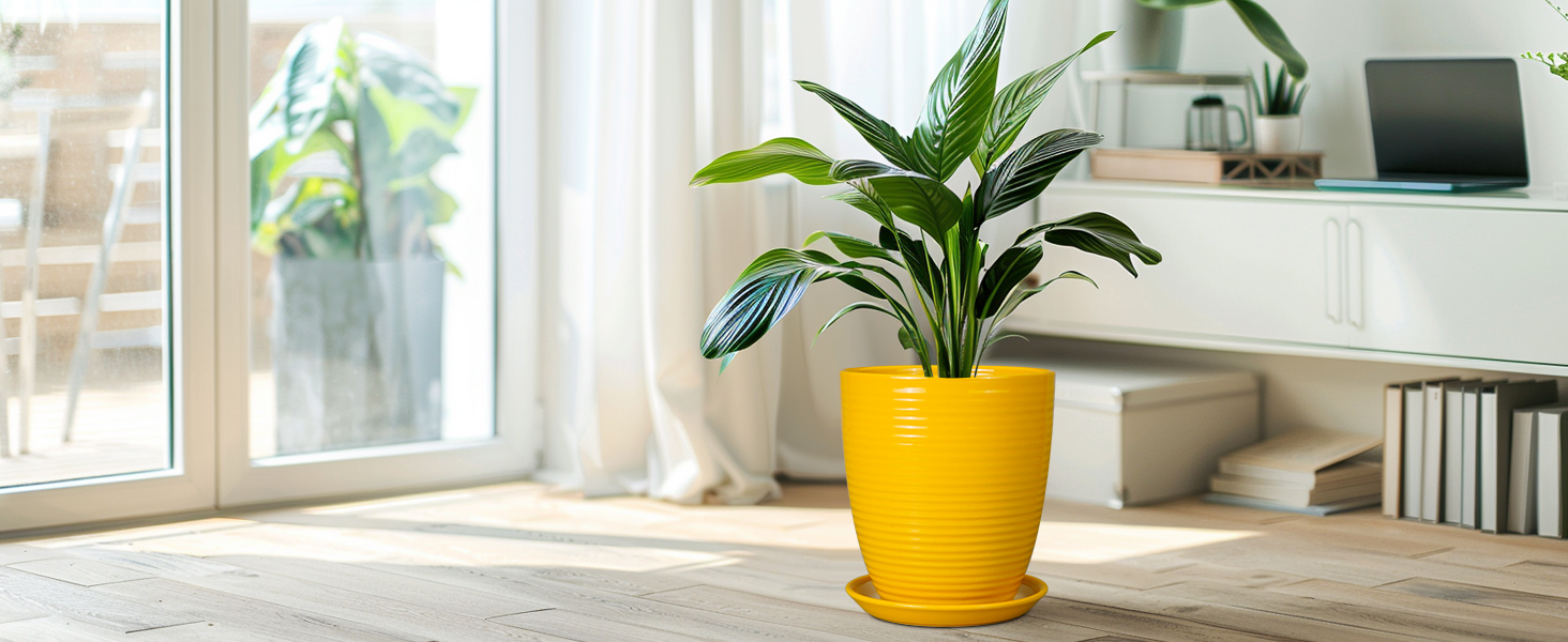 thumbnail video image 2 of EPFamily 8 Inch Yellow Ceramic Planter with Drainage Hole and Saucer – Modern Flower Pot for Indoor Plants, Snake Plants, Herbs, 2 of 8