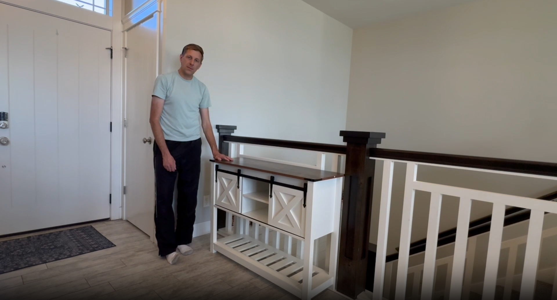 thumbnail video image 2 of Entryway Table with Storage Shelf, Sliding Barn Doors Console Table for Living Room Hallway, Blue, 2 of 6