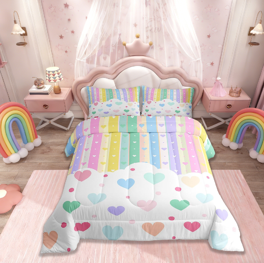 thumbnail video image 2 of Manfei Pretty Rainbow Queen Comforter Set For Kids Girls, Colorful Love Heart Bedding Comforter Set 3 Pieces, 2 of 9