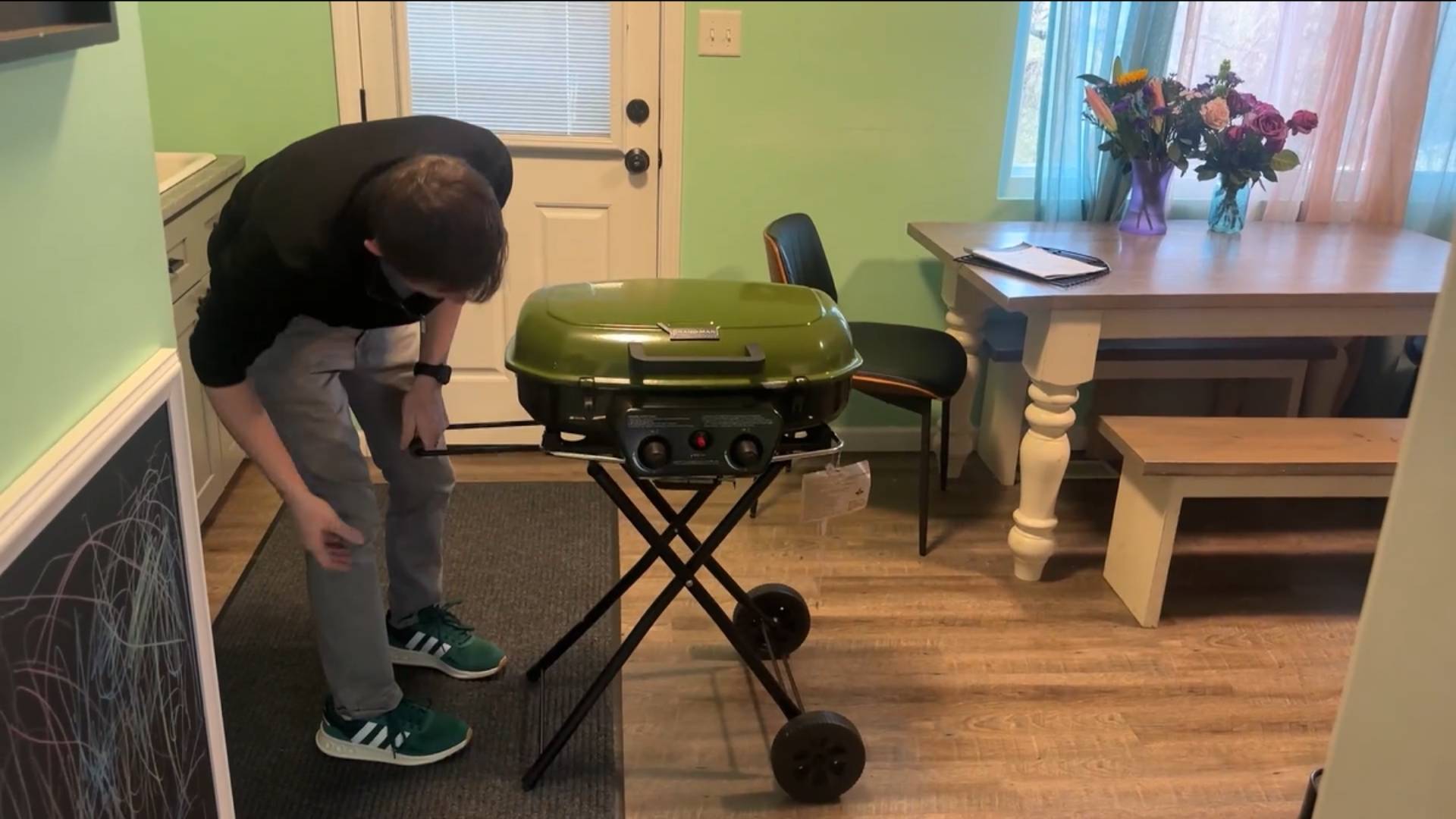 thumbnail video image 2 of Brand Man Portable 2-Burner Camping Propane Gas Grill, Enameled Foldable BBQ with Griddle for Outdoor Cooking, Green, 2 of 10