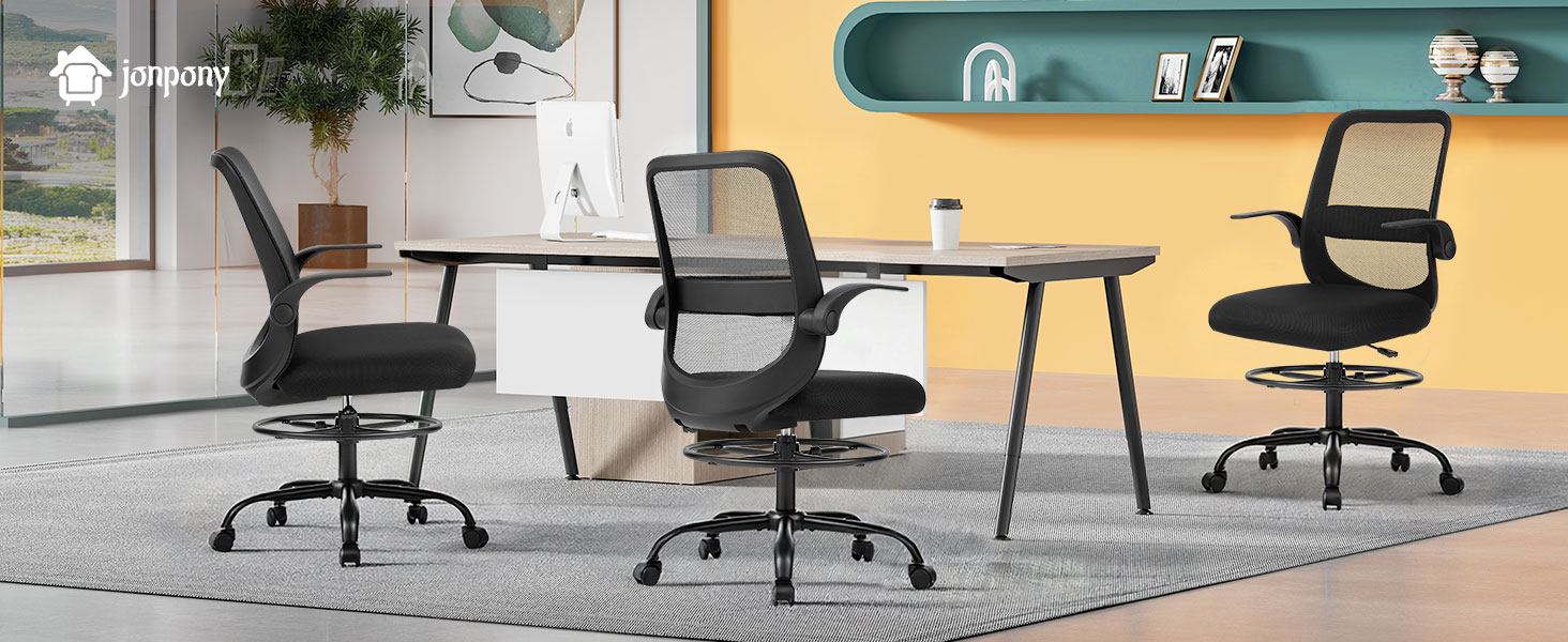 thumbnail video image 2 of JONPONY 450LBS Office Drafting Chair, Executive Rolling Swivel Chair with Adjustable Foot Ring and Flip-Up Arms, Comfy Thicken Cushion, Breathable Mesh Standing Desk Chair, Black, 2 of 9